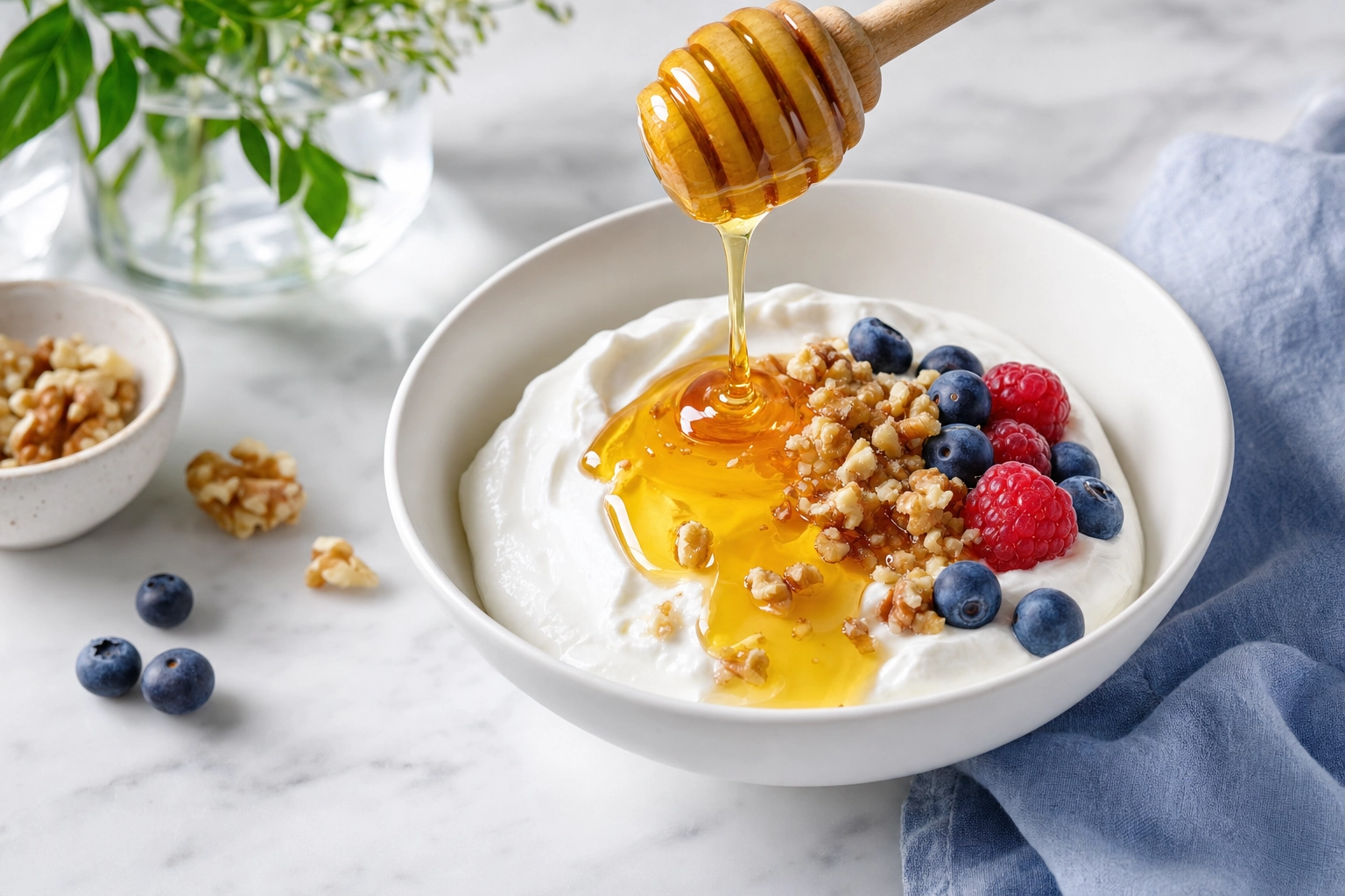 Bowl of thick Greek yogurt with a honey drizzle, crushed walnuts and berries on pale marble in bright light