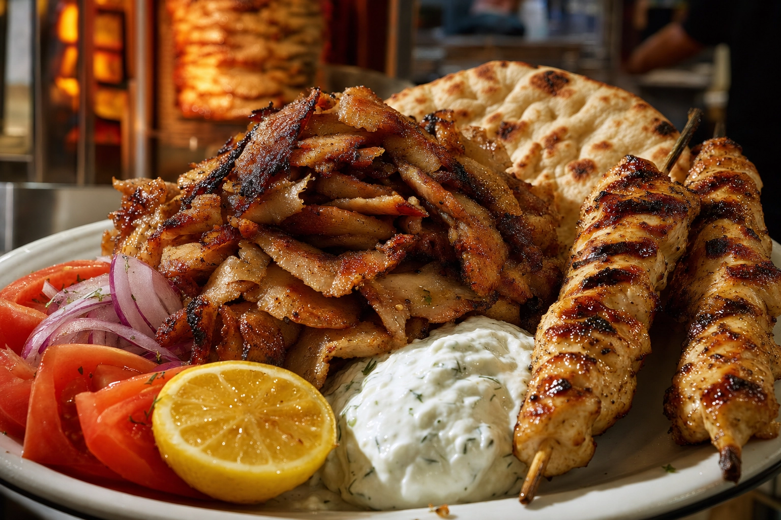 Close-up gyro and souvlaki platter with charred shaved meat, skewers, pita and tzatziki under directional grill light