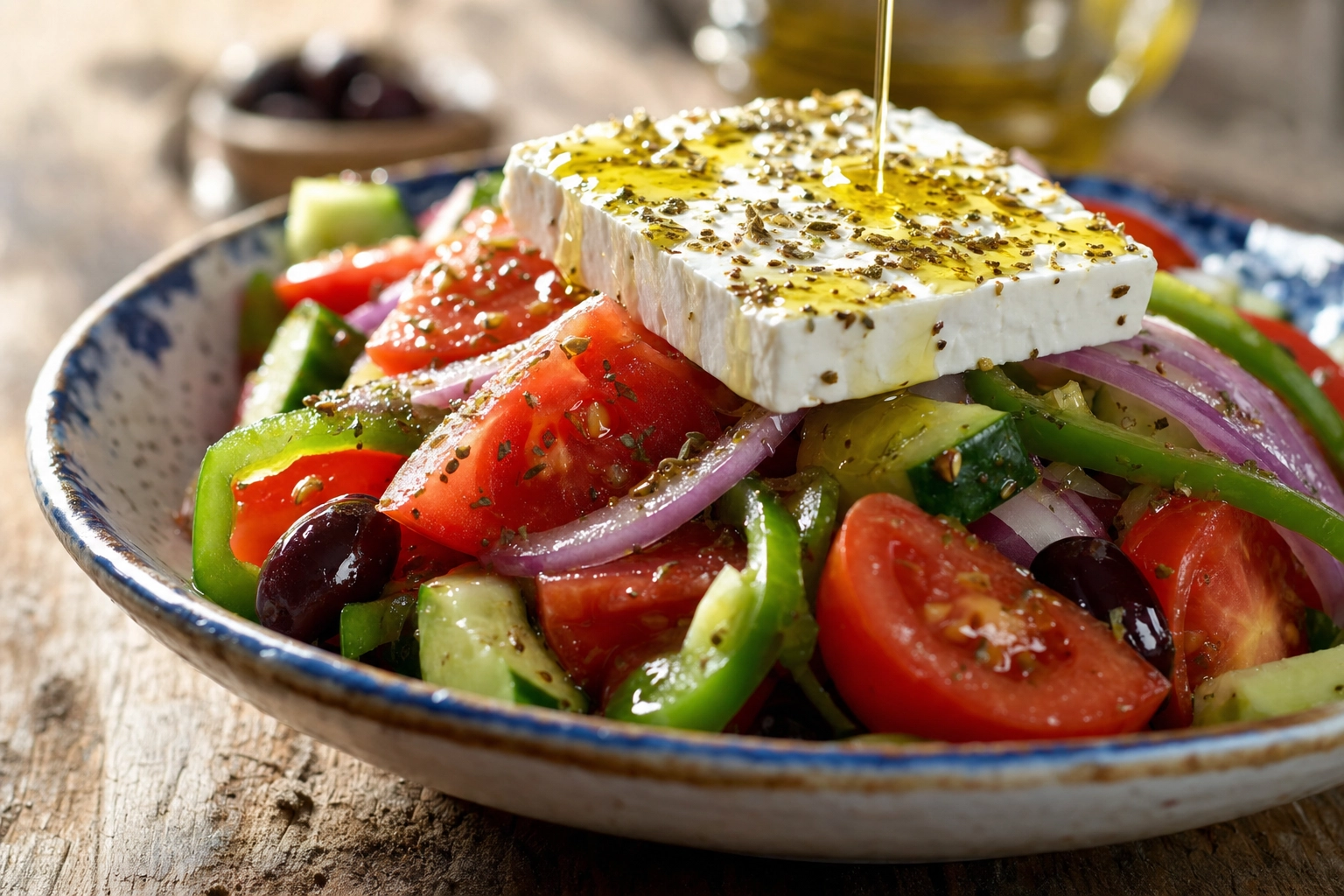 Macro of authentic Greek horiatiki salad with a feta slab, Kalamata olives and olive oil drizzle at 30 degrees