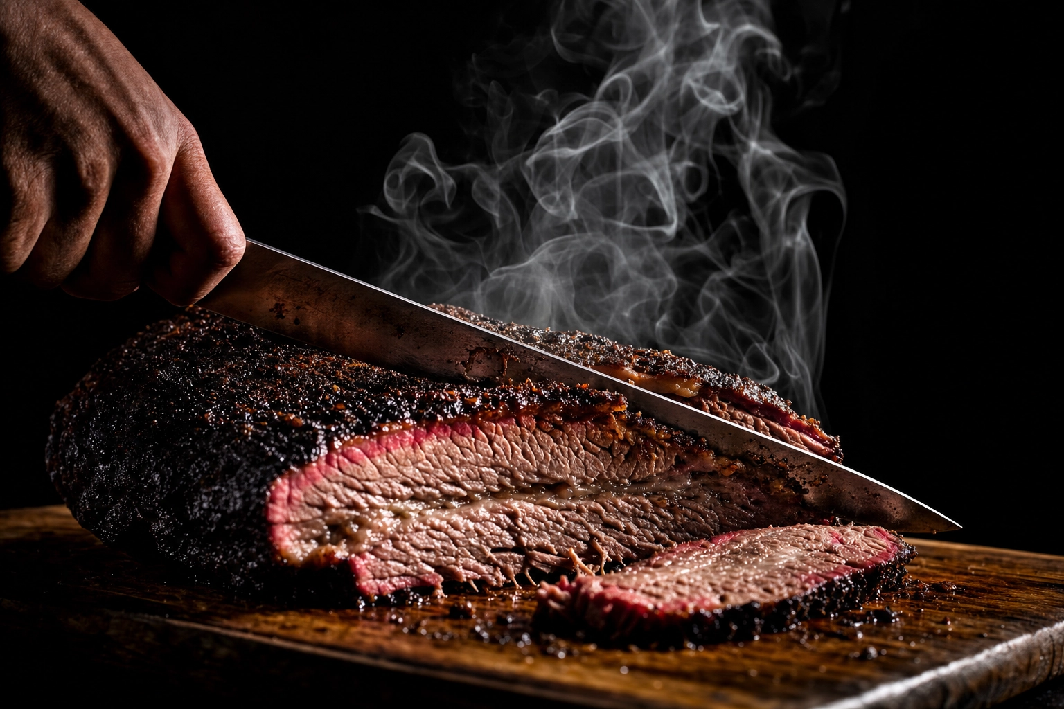 Backlit smoke rising off a sliced smoked brisket showing the pink smoke ring against a dark background