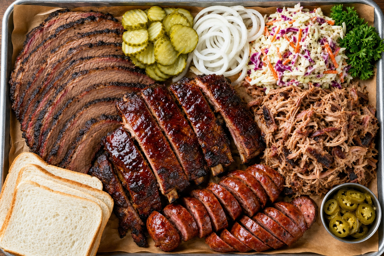 Overhead flat-lay BBQ platter with brisket, ribs, sausage and colorful sides on a metal tray, barbecue photos