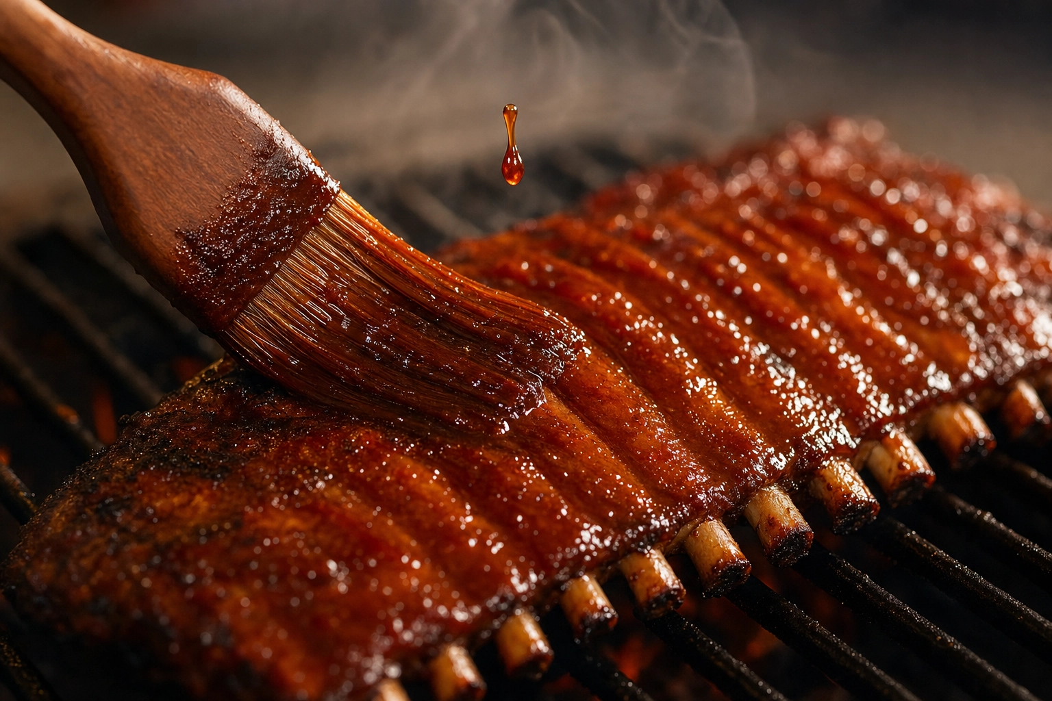 Basting brush spreading glossy barbecue sauce over a rack of ribs with a sauce drip, BBQ sauce photography