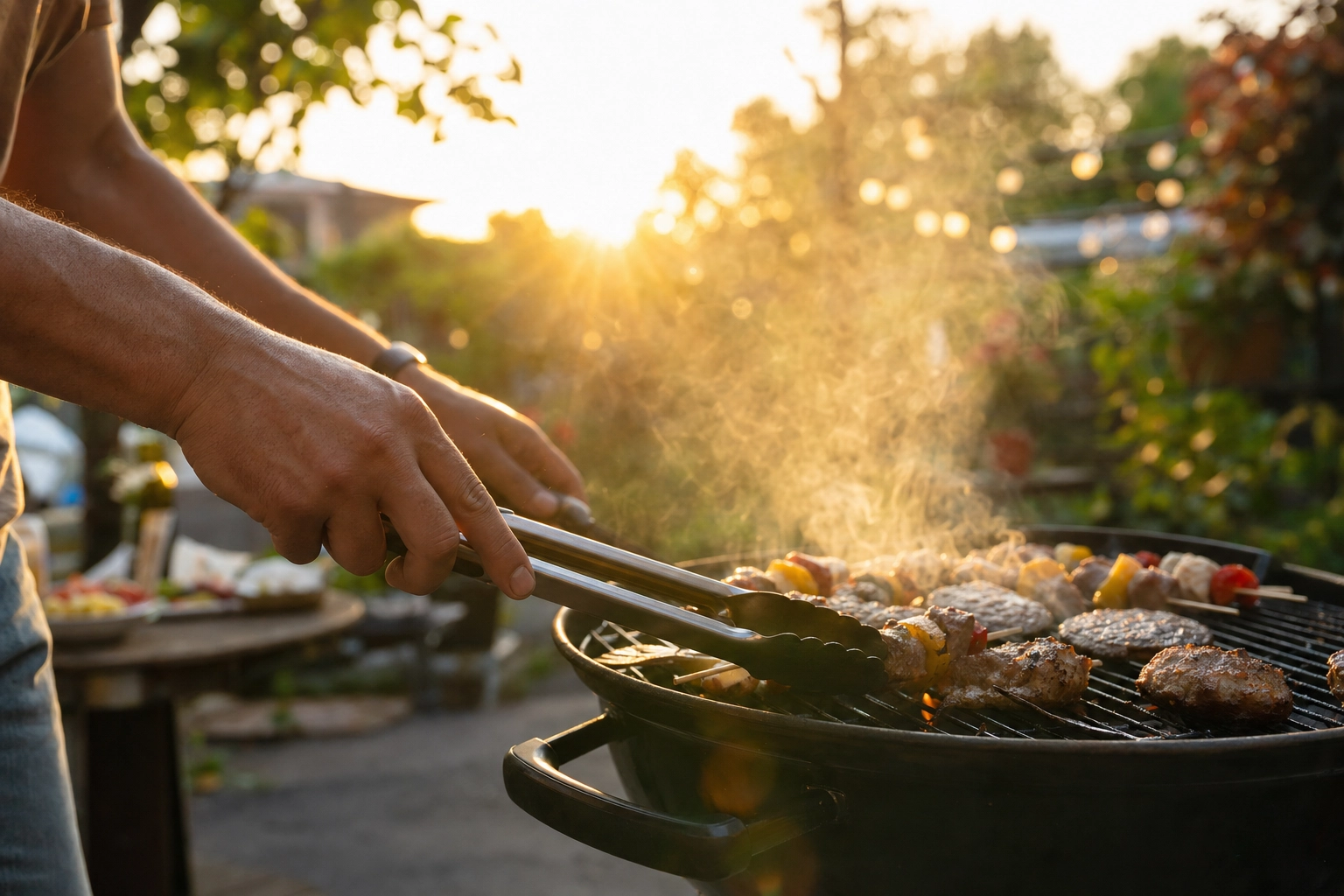 Hands flipping burgers and skewers on a kettle grill at golden hour with warm backlight, outdoor grilling photography