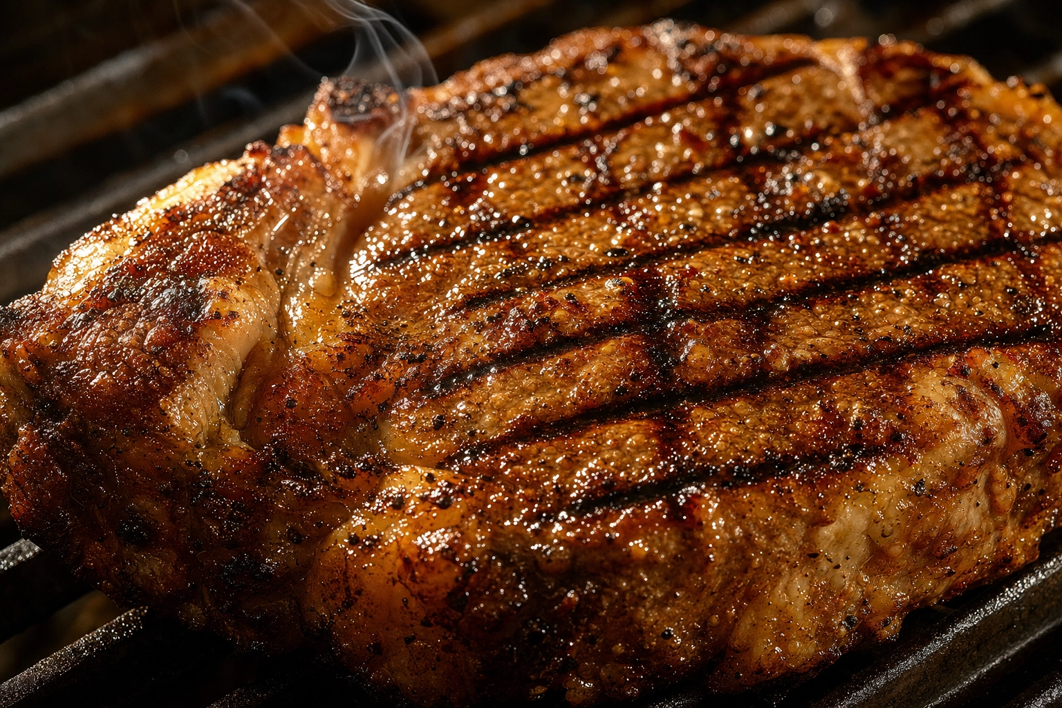 Macro close-up of crosshatch grill marks and char crust on a seared steak in grilling photography