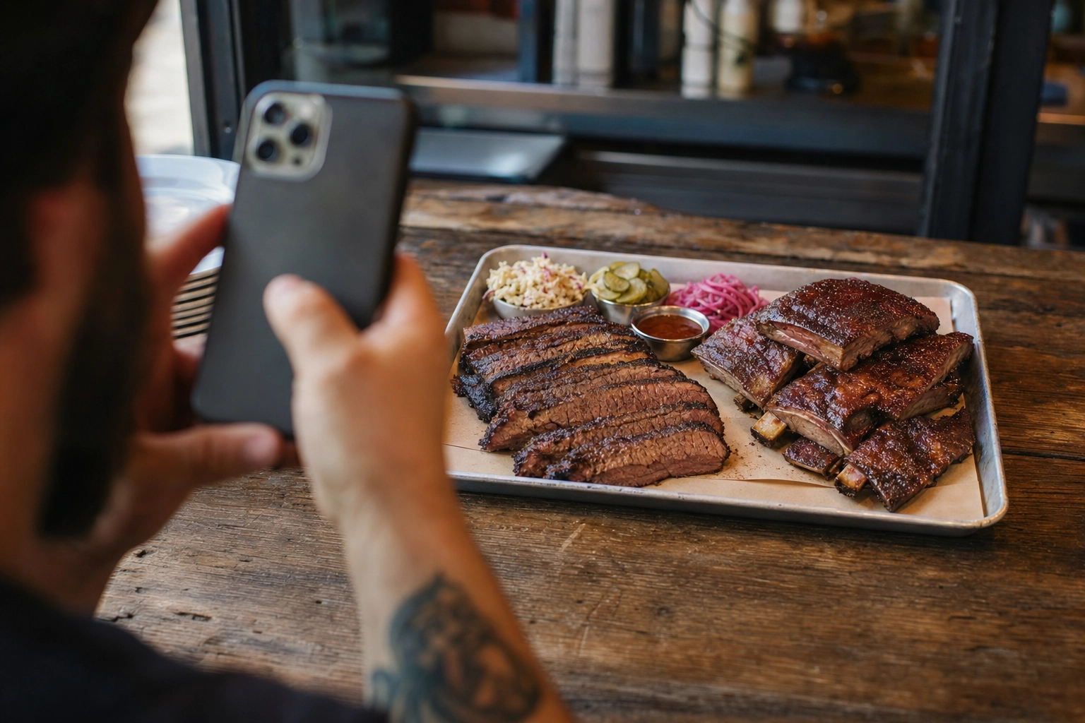 Hands using a smartphone to photograph a tray of brisket and ribs on a wooden table in natural light