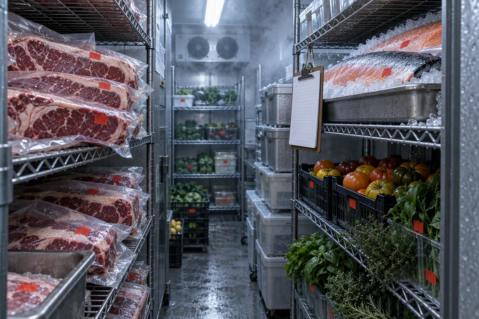 Walk-in cooler shelves stocked with date-stickered proteins and produce bought ahead of an event, the cost a catering deposit protects