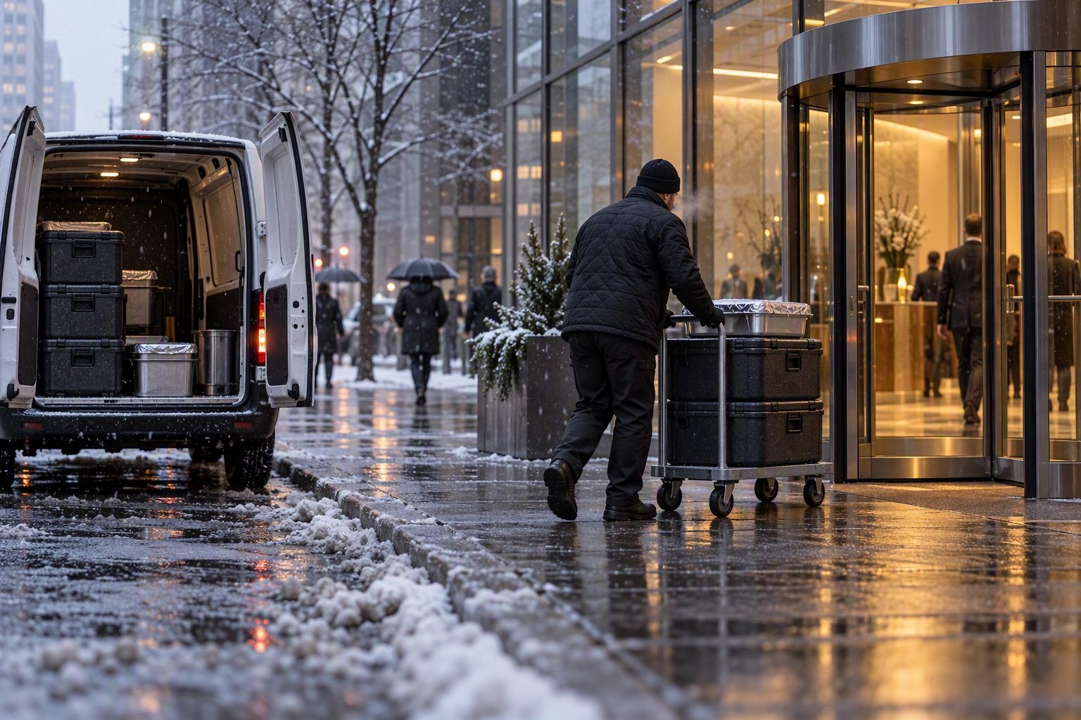 Catering driver wheeling insulated food carriers into a warm office lobby on a snowy January morning, off-season corporate demand