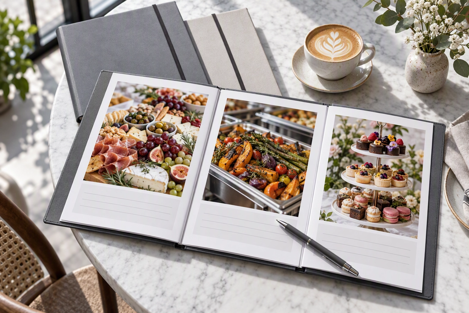 Open catering proposal with photographed menu trays beside two unopened rival proposals, the first polished quote wins