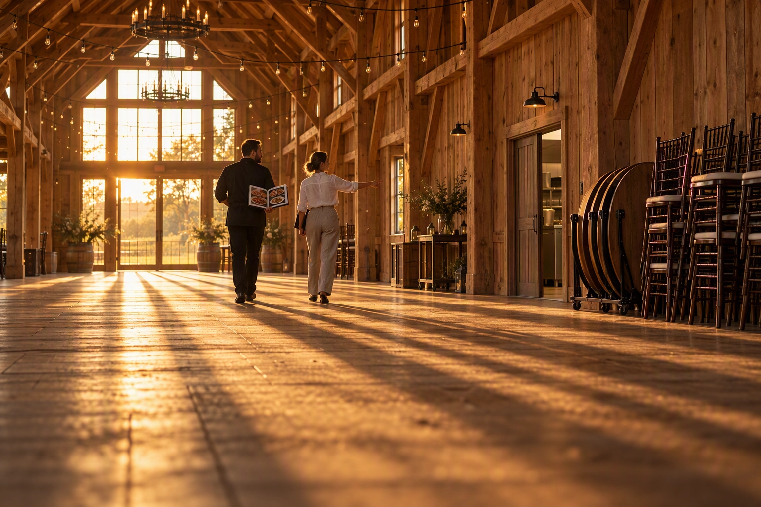 Venue coordinator walking a caterer through an empty barn wedding hall at golden hour, building a referral partnership