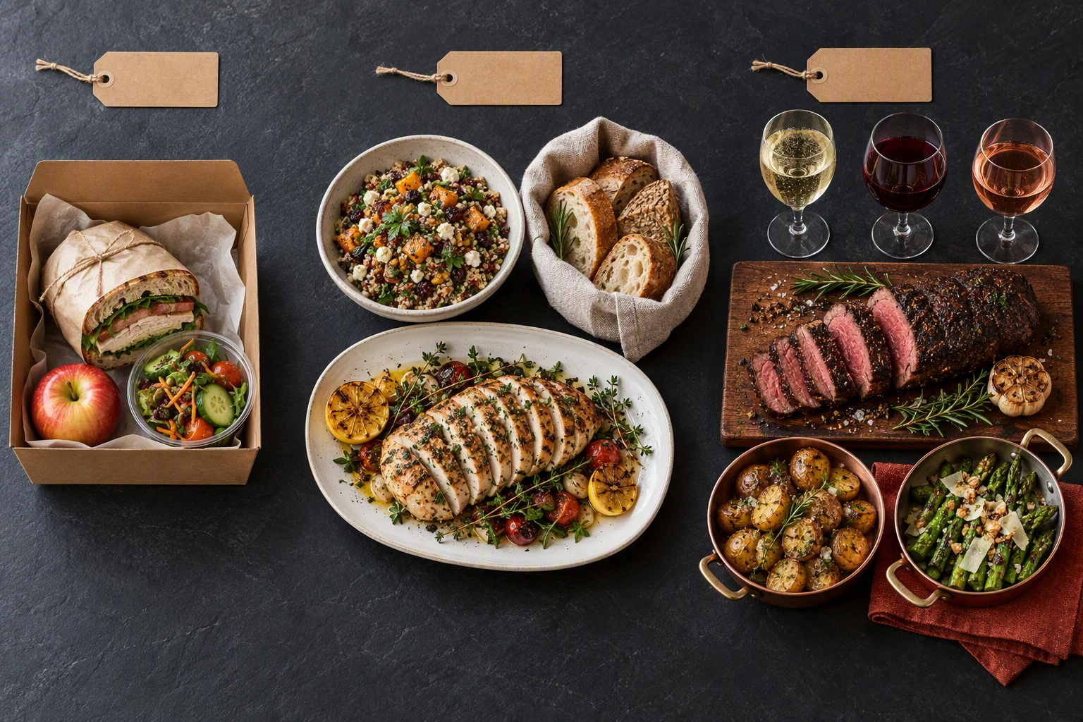 Overhead of three catering package tiers laid out as real food, from box lunch to carved tenderloin, per-head pricing made visible
