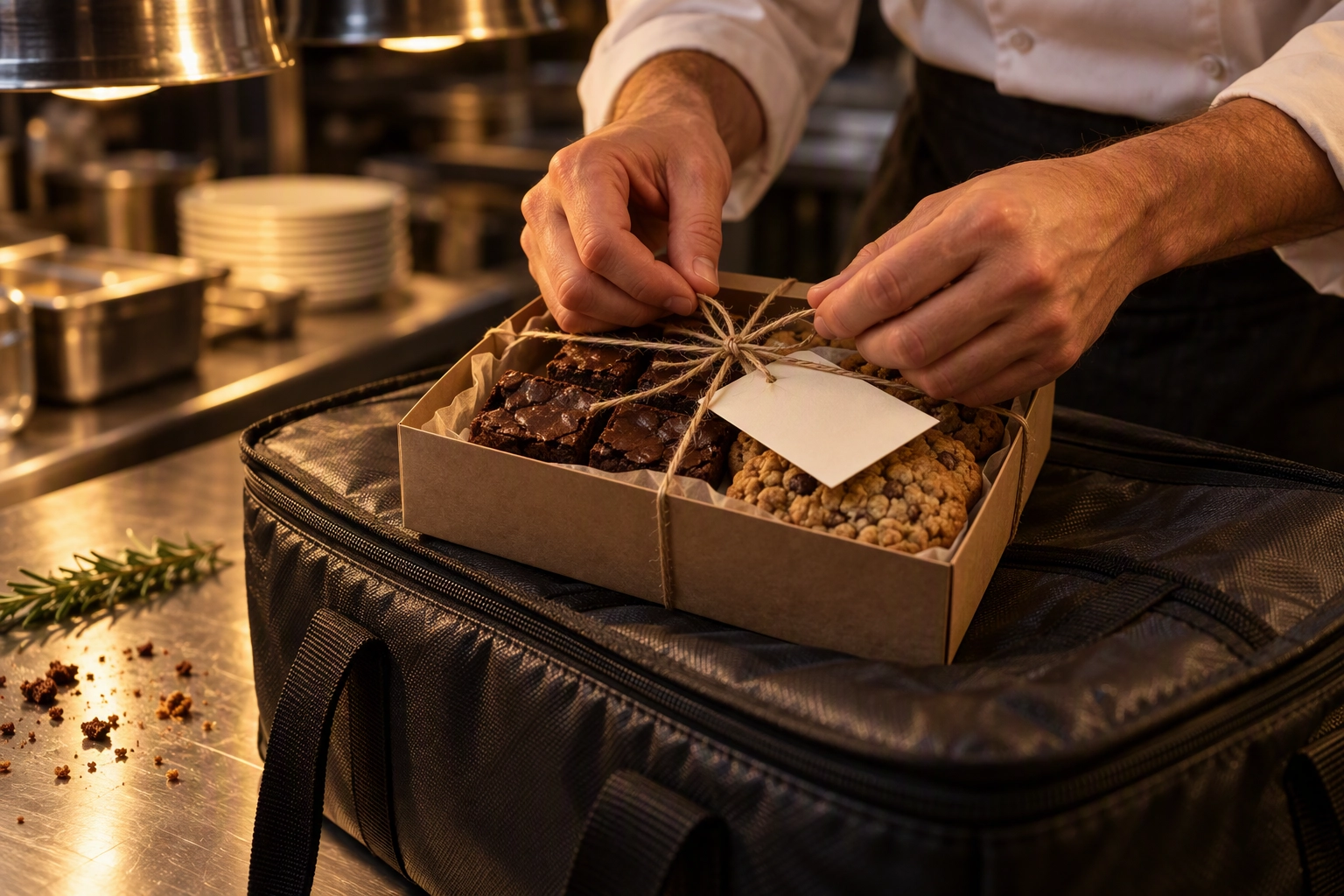Hands tying a small complimentary dessert box onto a catering delivery bag, a food-value win-back offer for a lapsed account