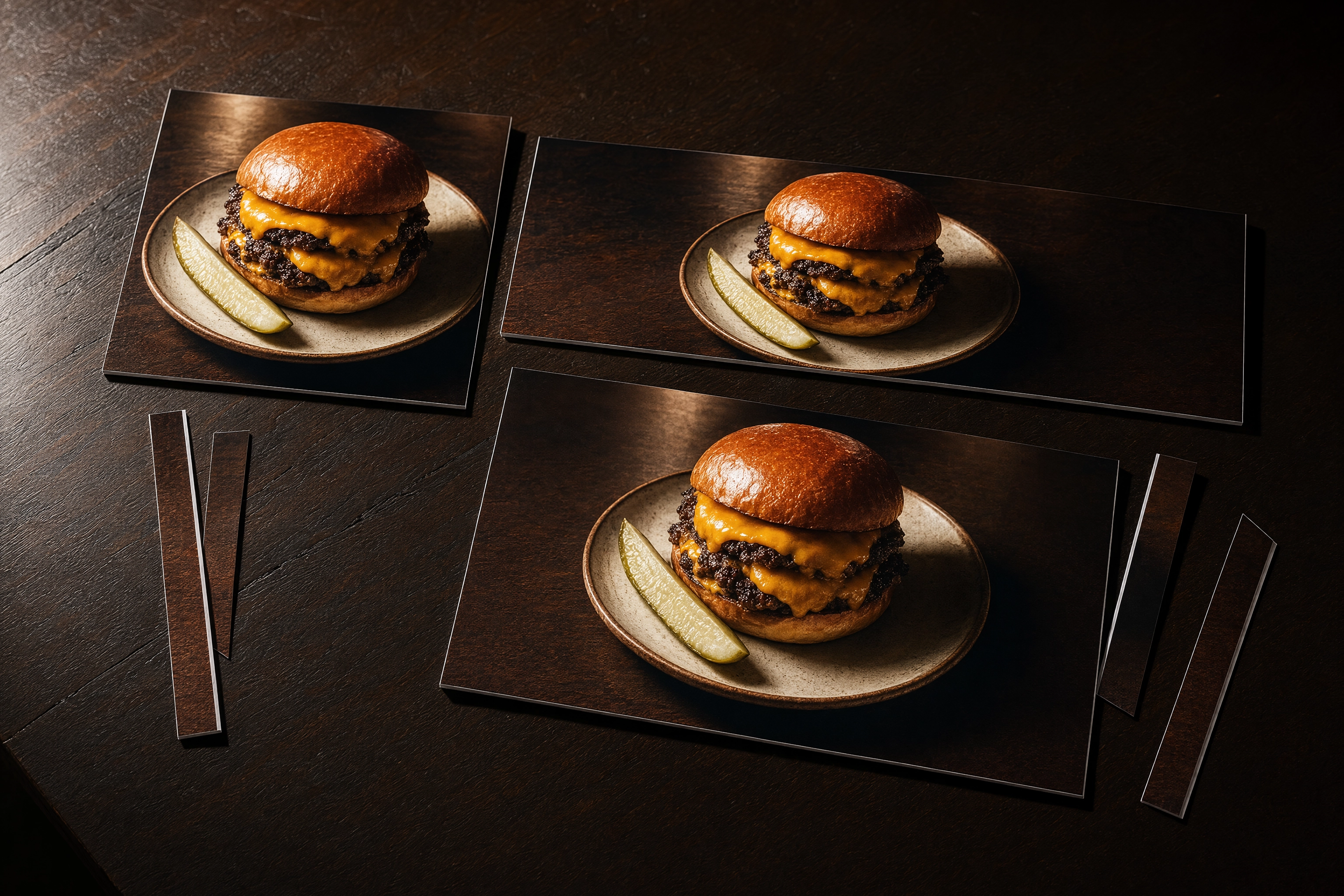 Three printed crops of one burger photo - square, wide and medium - fanned on dark walnut, showing one master file cropped for three delivery platforms