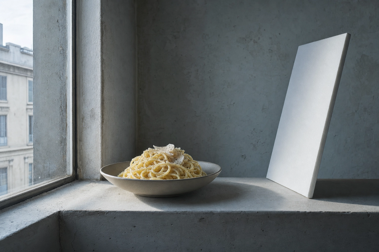 Plated pasta beside a bare window with a white foam bounce card on the shadow side, the side-lighting setup that passes delivery photo review