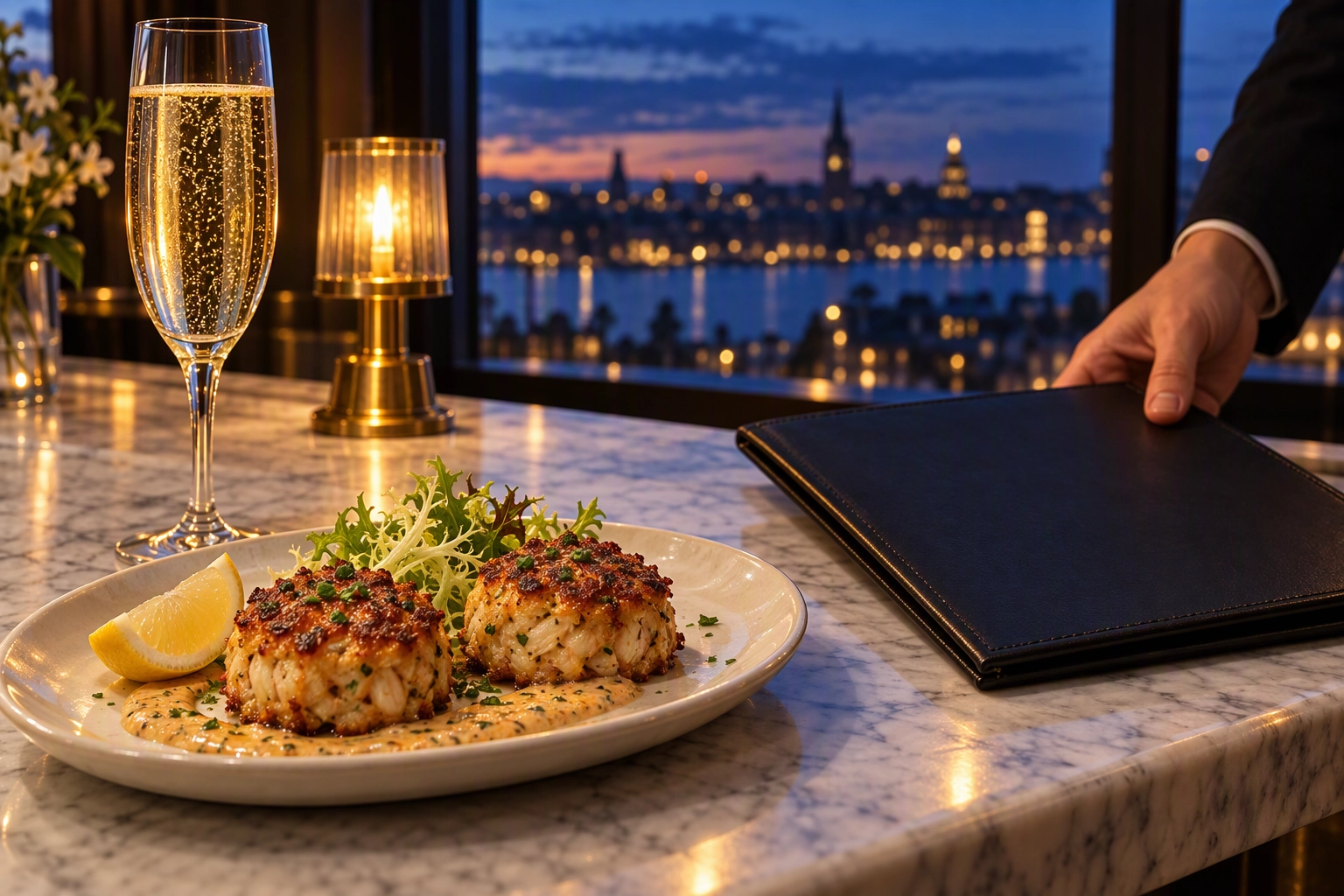 Mini crab cakes with remoulade and sparkling wine as a server sets down the dinner menu, a happy hour bridge plate that leads to dinner