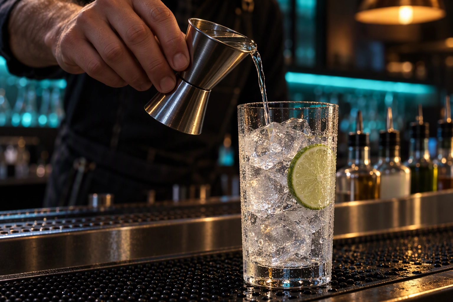 Bartender pouring a jiggered 1.5-ounce well vodka into a highball, the pour control that keeps happy hour drink specials profitable