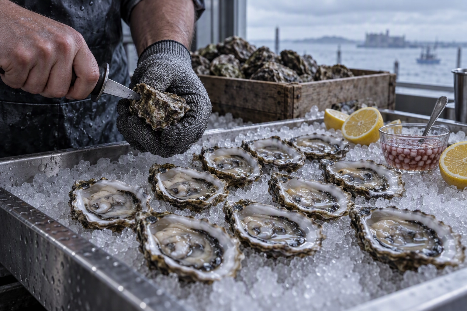 Shucker opening oysters over crushed ice, the buck-a-shuck deal that can sell at 100% cost among happy hour menu ideas