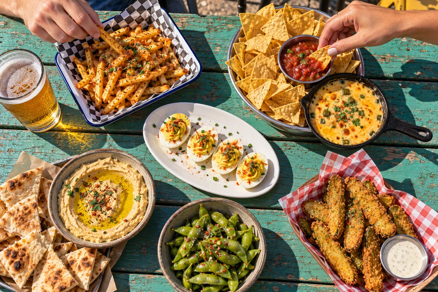 Overhead of cheap happy hour food ideas on a patio table: fries, chips and queso, deviled eggs, hummus, edamame and fried pickles