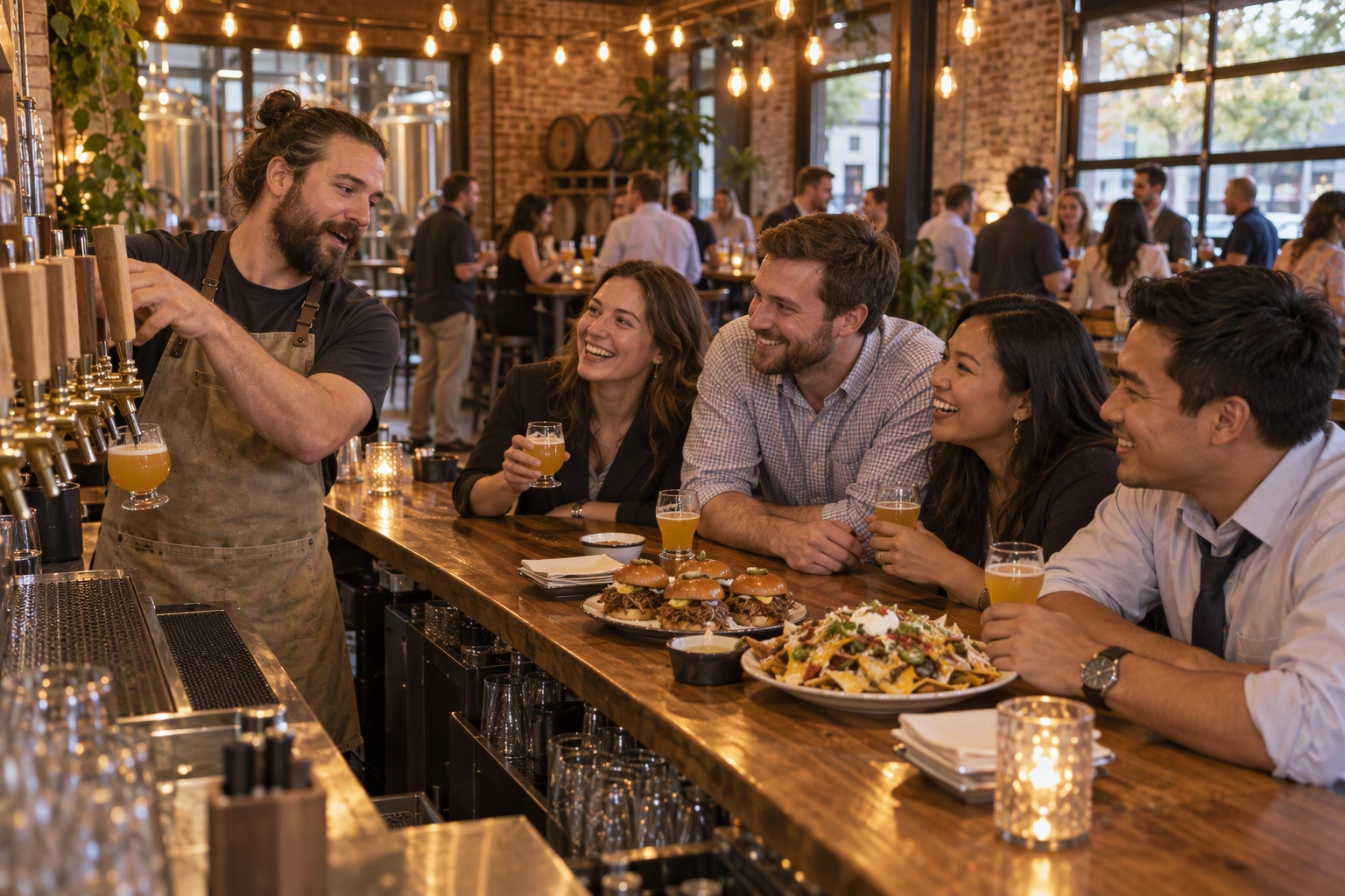 Local brewer pouring a hazy ale for friends at a weekday tap takeover, a fun happy hour event that sells pints at full rate