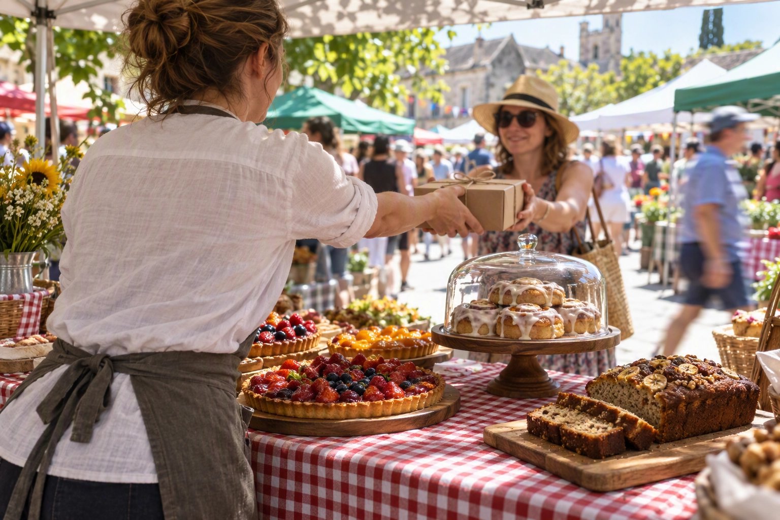 Baker handing a boxed tart across a farmers market stall of cakes and loaves, the venue that first requires general liability insurance
