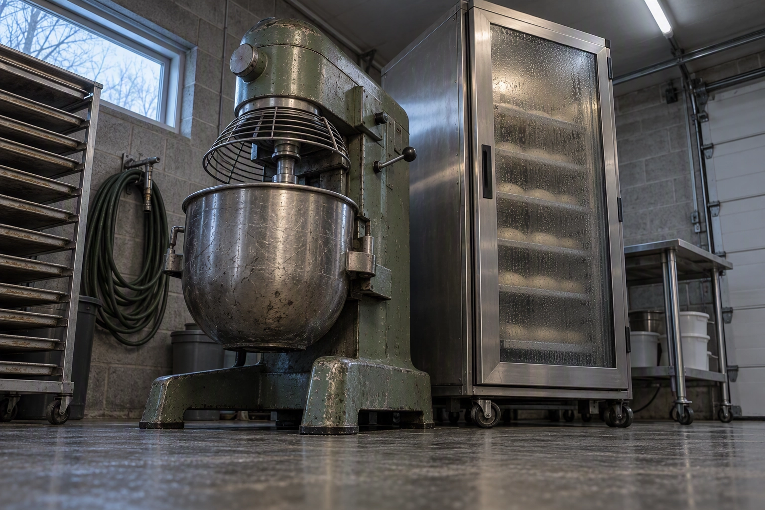 Commercial planetary mixer and stainless proofing cabinet in a converted garage bakery, equipment worth far more than the $2,500 homeowners sublimit