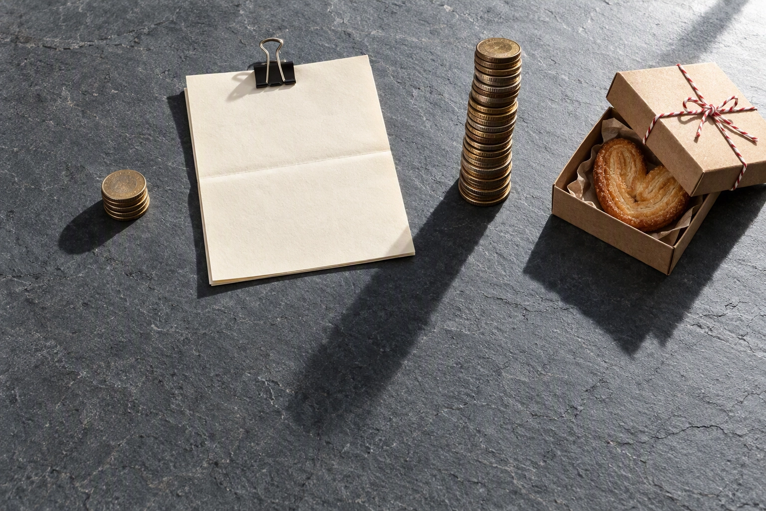 Overhead flat-lay of two unequal coin stacks beside a folded policy document and a pastry box, the eight-to-one home bakery insurance cost spread