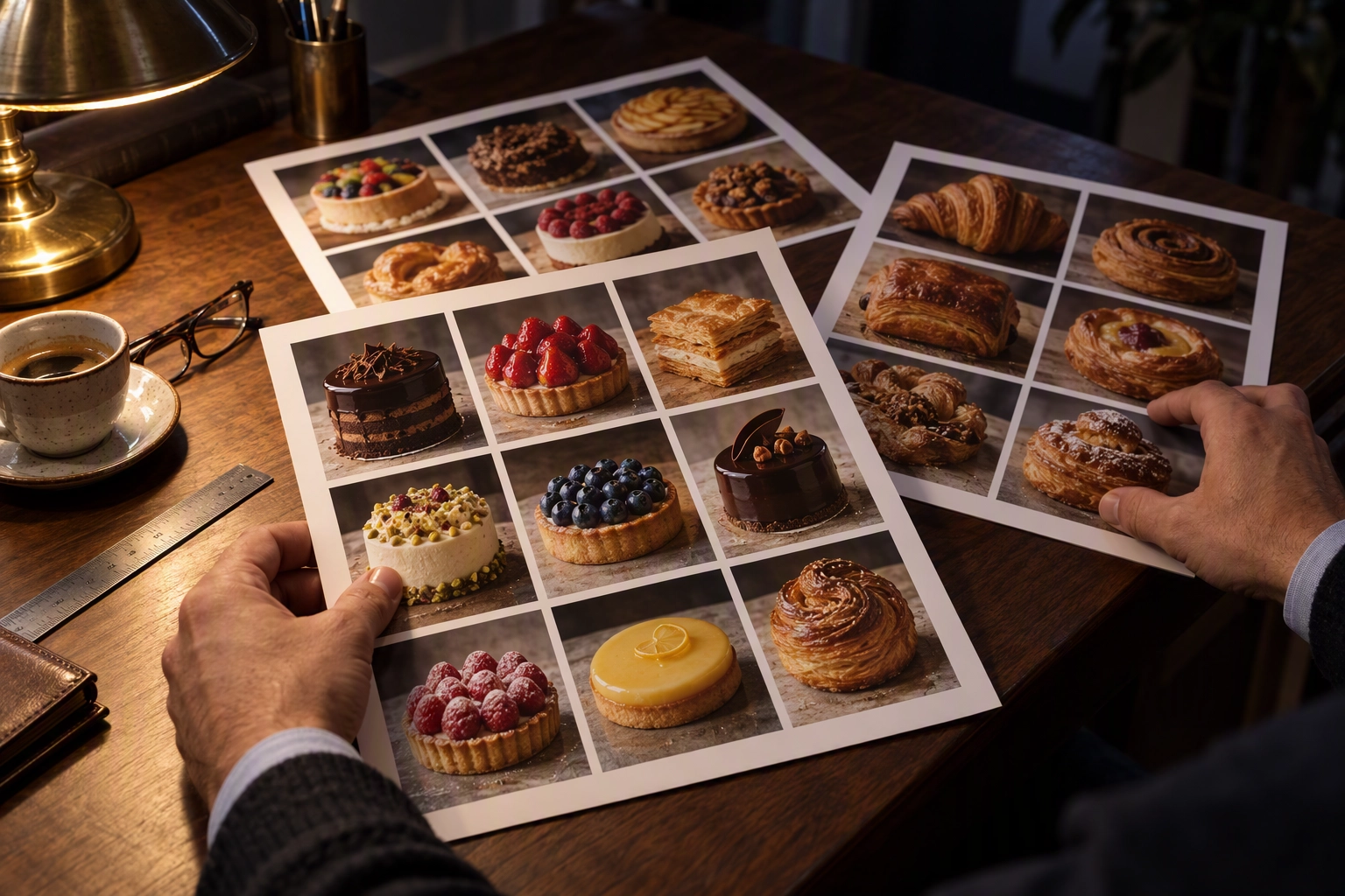 Wholesale buyer comparing printed photo sheets of cakes and pastries on a desk, the listing decision that follows the insurance certificate