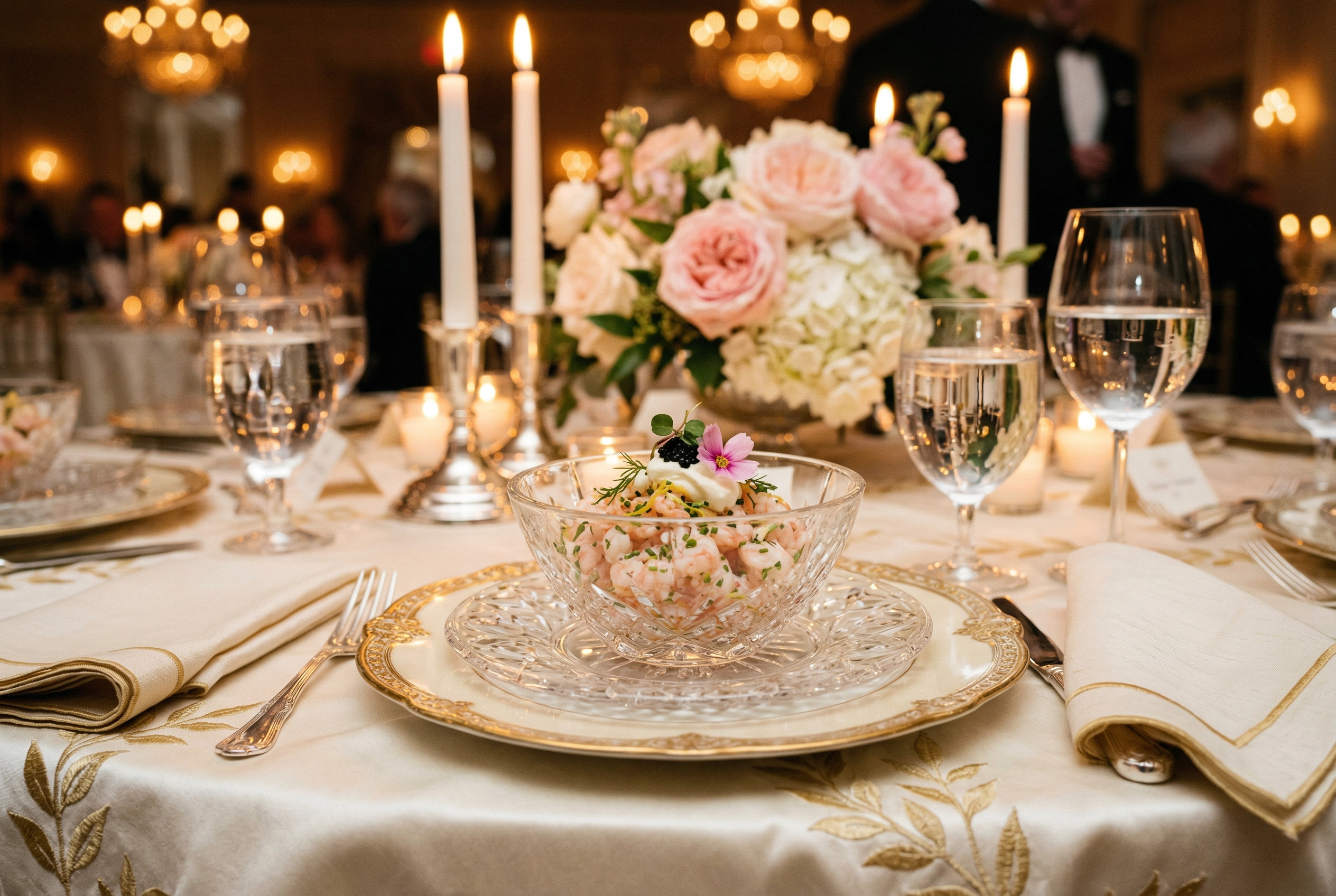 Luksuzno hotelsko banketno predjelo na kristalnom tanjiru sa elegantnim postavljenim stolom i bokeh svetlom sveća