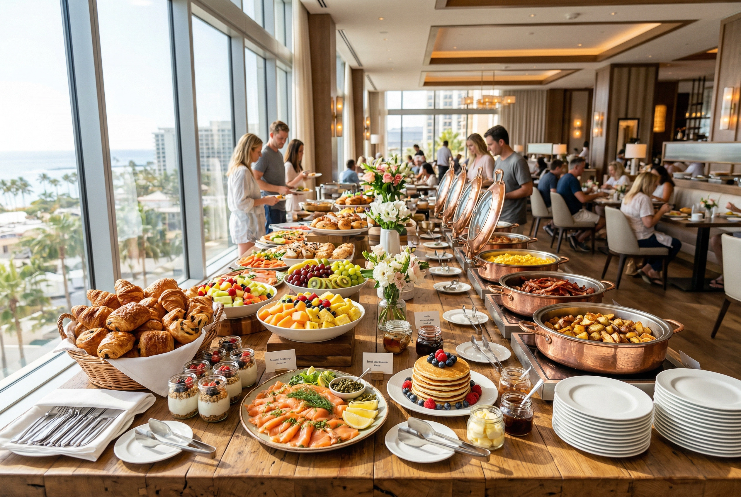 Raskošan hotelski doručak bife sa pecivima, voćem i svežim jelima u suncem obasjanom restoranu