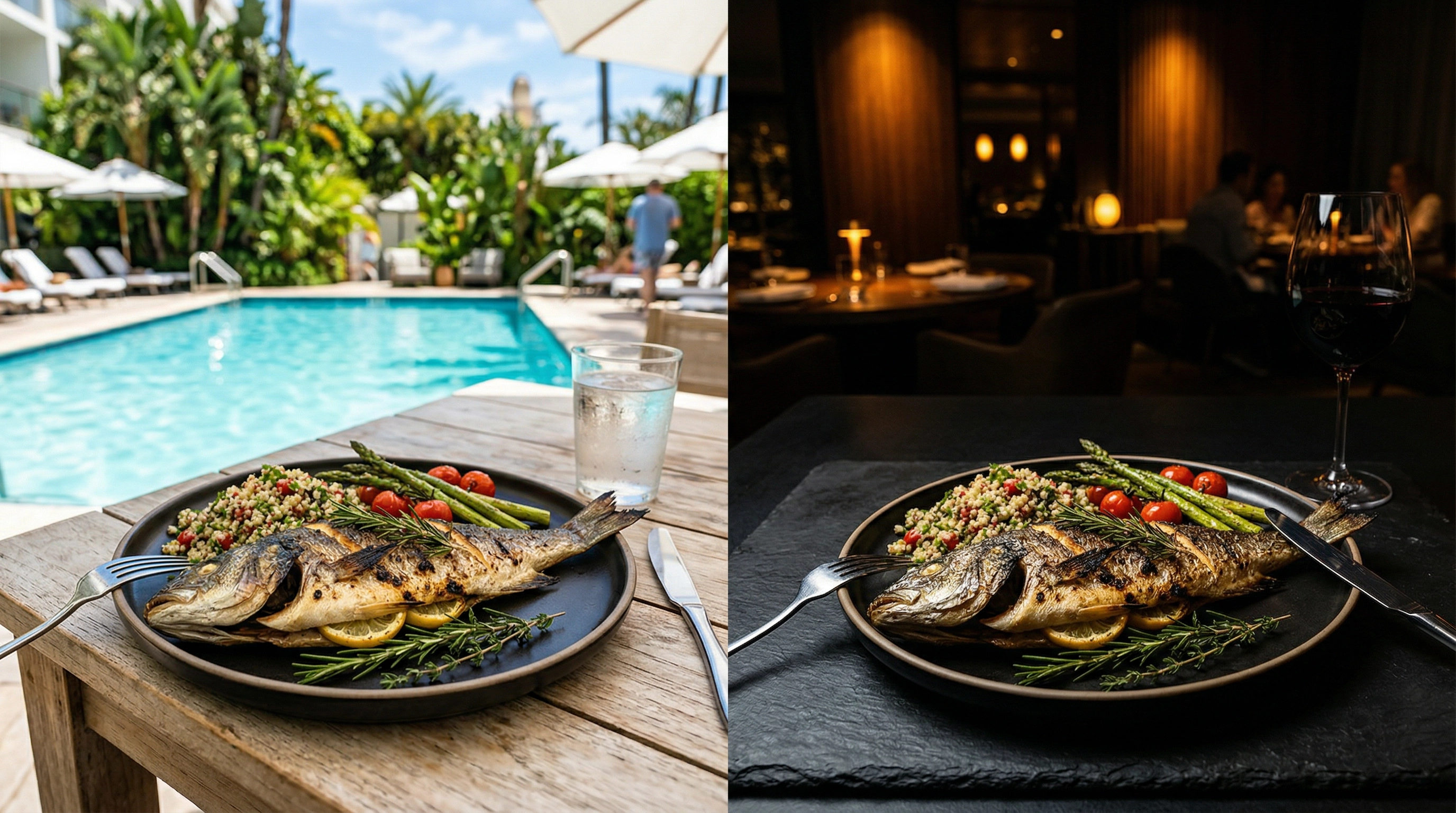 Uporedni prikaz fotografije hrane u hotelu — svetlo okruženje bazena naspram tamnog fine dining osvetljenja