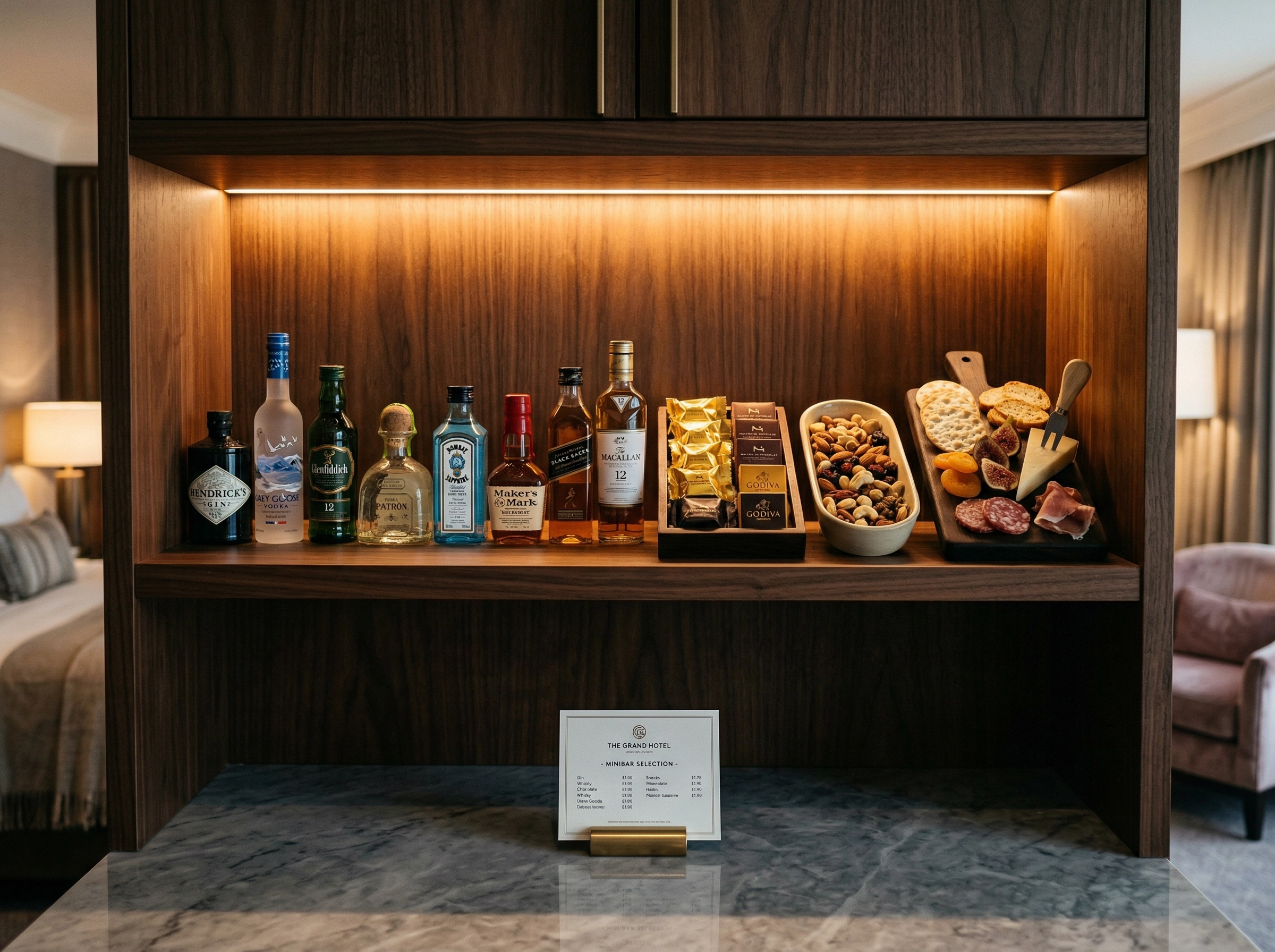 Premium hotelski minibar sa zanatskim grickalicama i žestokim pićima u ormariću od tamnog oraha sa toplim LED osvetljenjem