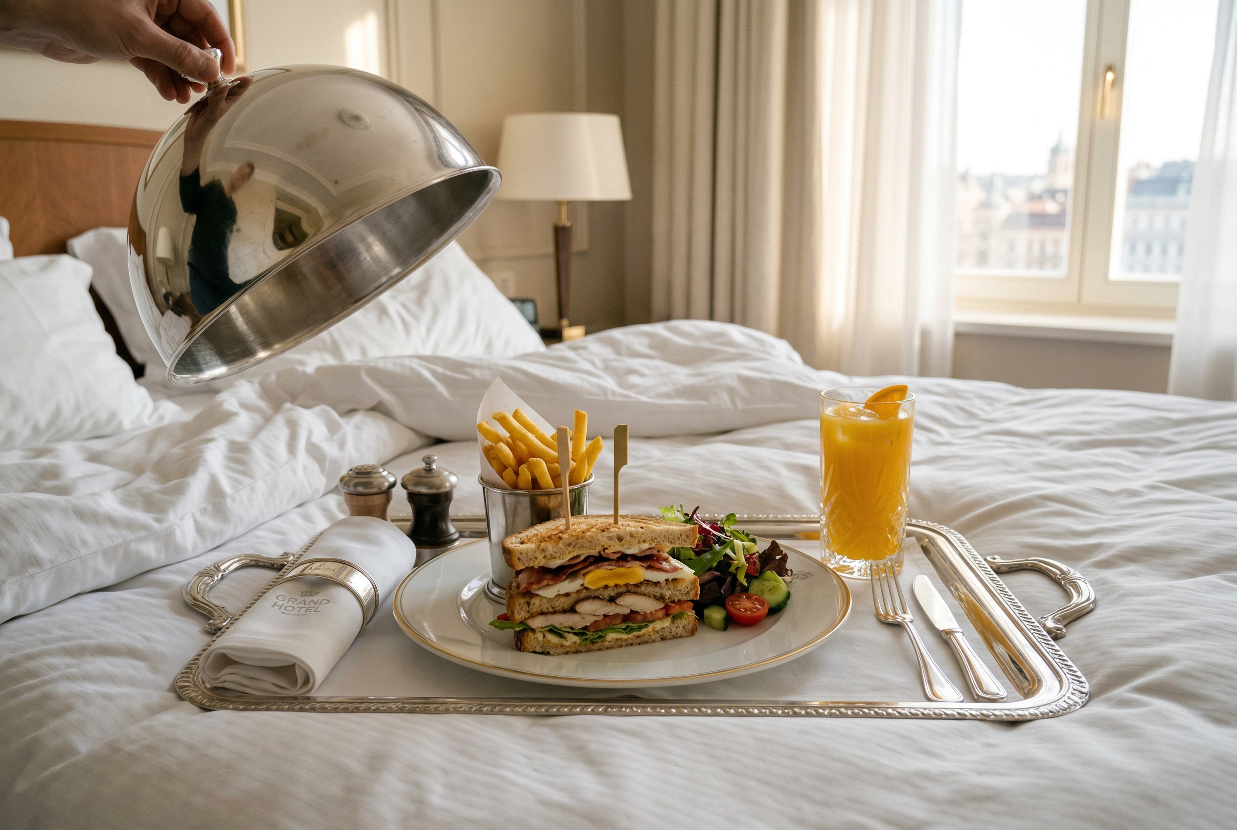 Srebrni poslužavnik za room servis sa gurmanskim jelom i svežim sokom na luksuznom hotelskom krevetu