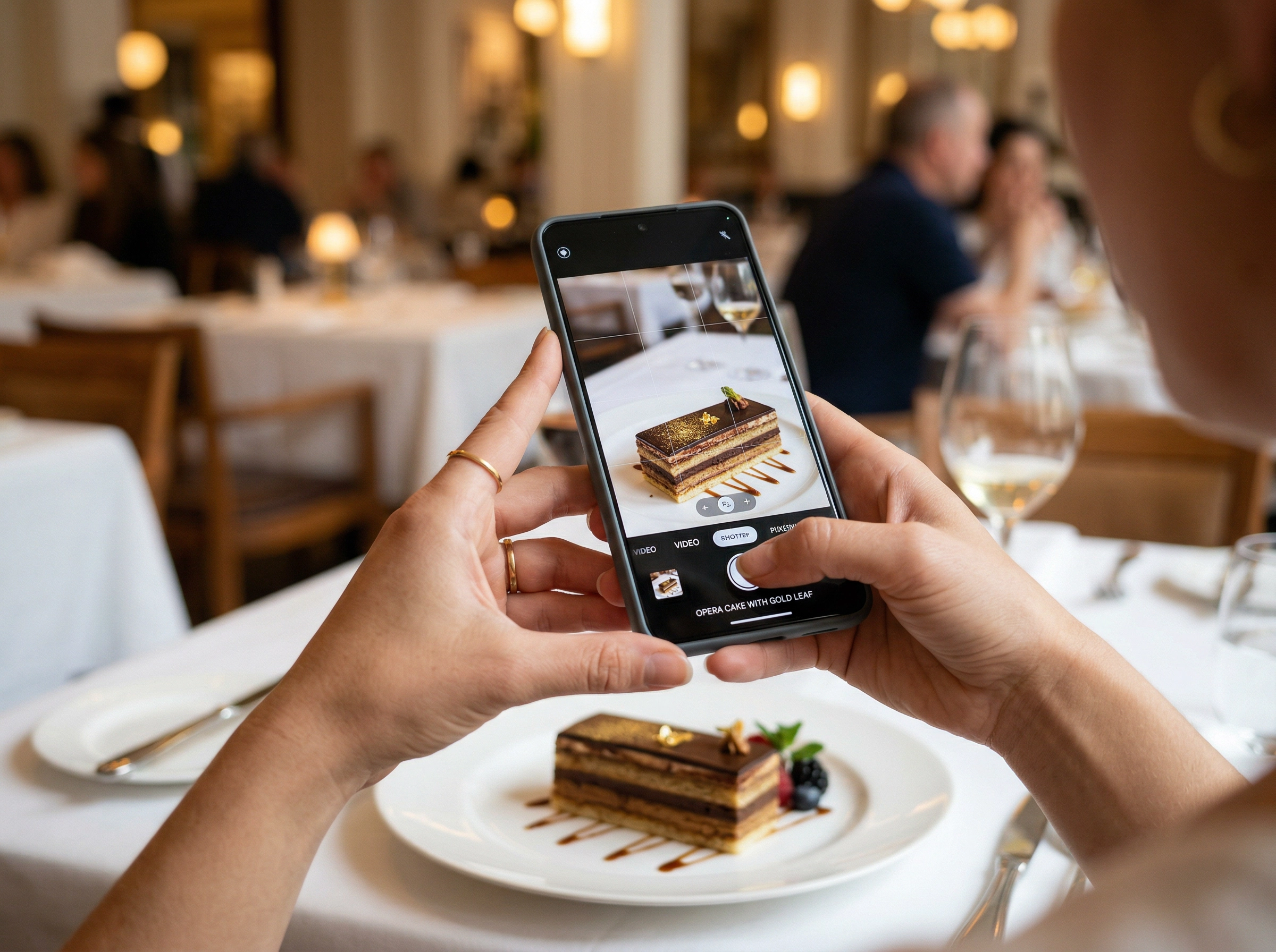 Ruke hotelskog osoblja koje fotografišu servirani desert pametnim telefonom u ambijentu restorana