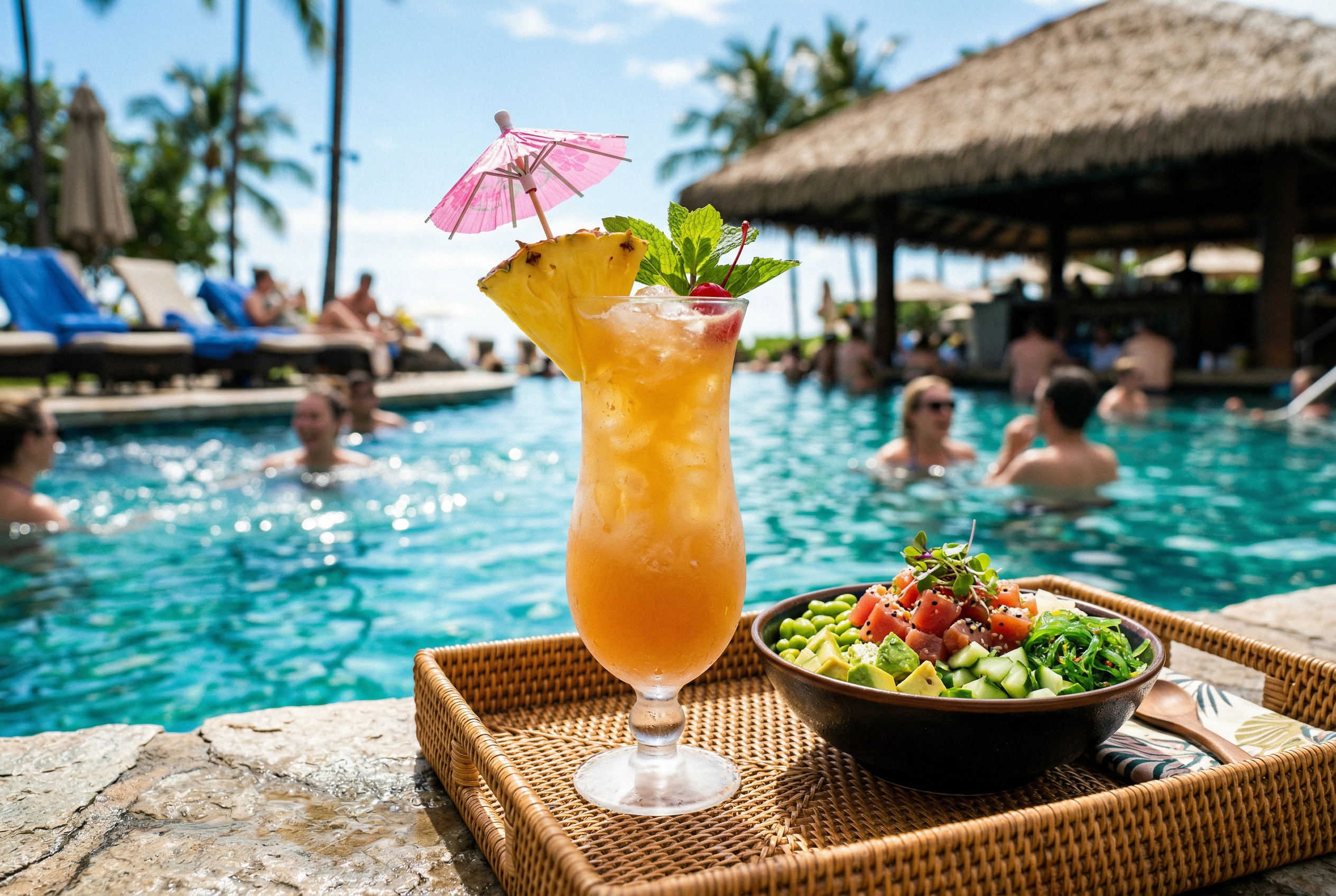 Tropski koktel i poke činija u pool baru rizorta sa tirkiznom vodom u pozadini
