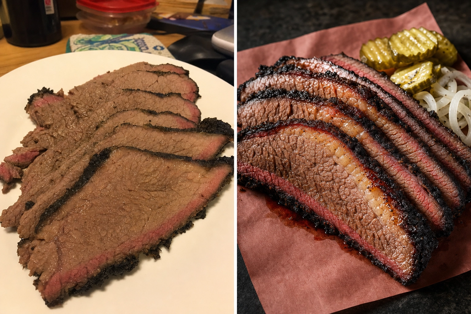 Before and after of Houston smoked brisket photo transformed from dull phone snapshot to menu-ready image