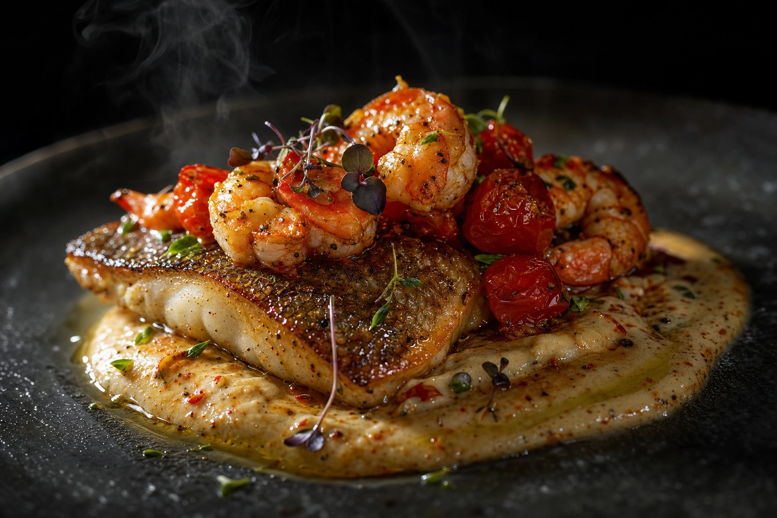 Macro fine-dining shot of seared Gulf redfish with shrimp and creole sauce styled for a Houston menu