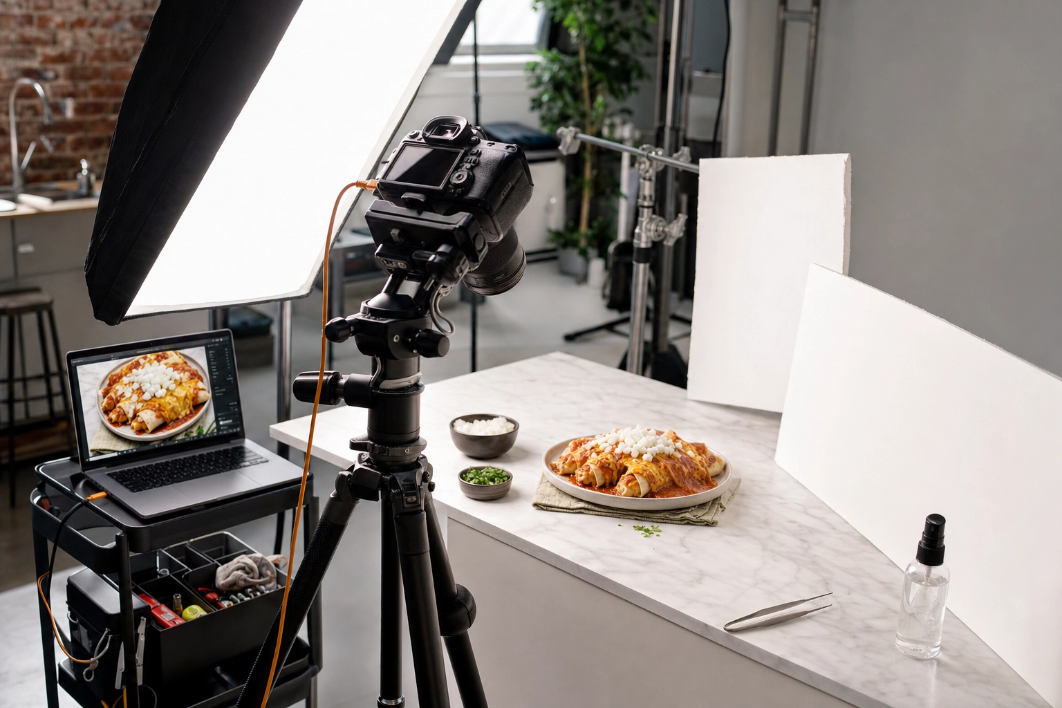 Professional food photography studio setup with camera, softbox and reflector shooting Tex-Mex enchiladas