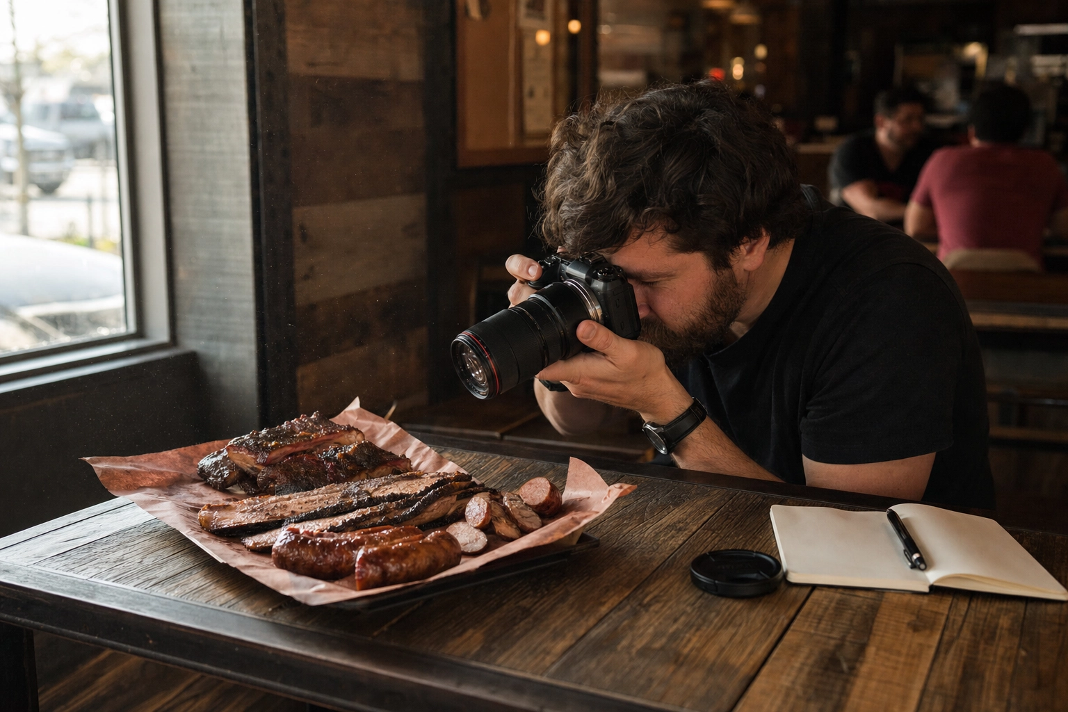 Food photographer crouching to shoot a brisket, ribs and sausage tray inside a Houston barbecue restaurant