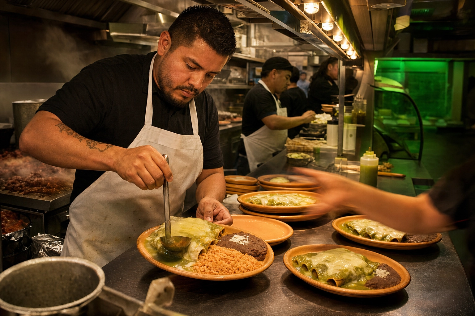 Busy Houston Tex-Mex restaurant kitchen plating enchiladas during dinner service rush under warm lights