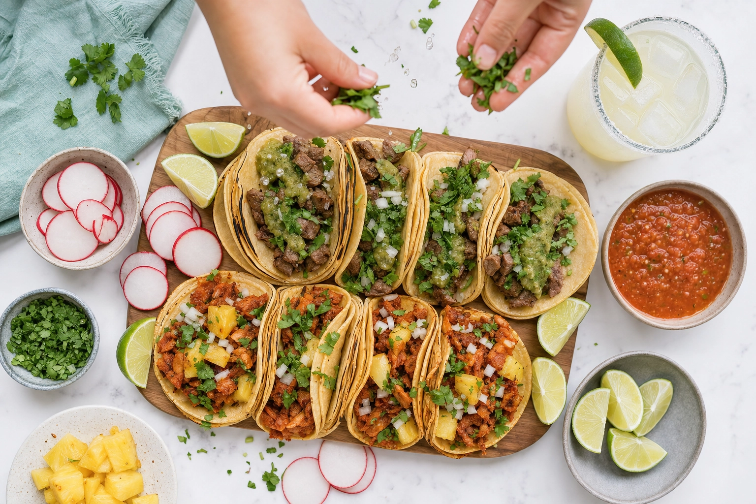 Overhead flat-lay of Houston street tacos with hands sprinkling cilantro, styled bright for social media
