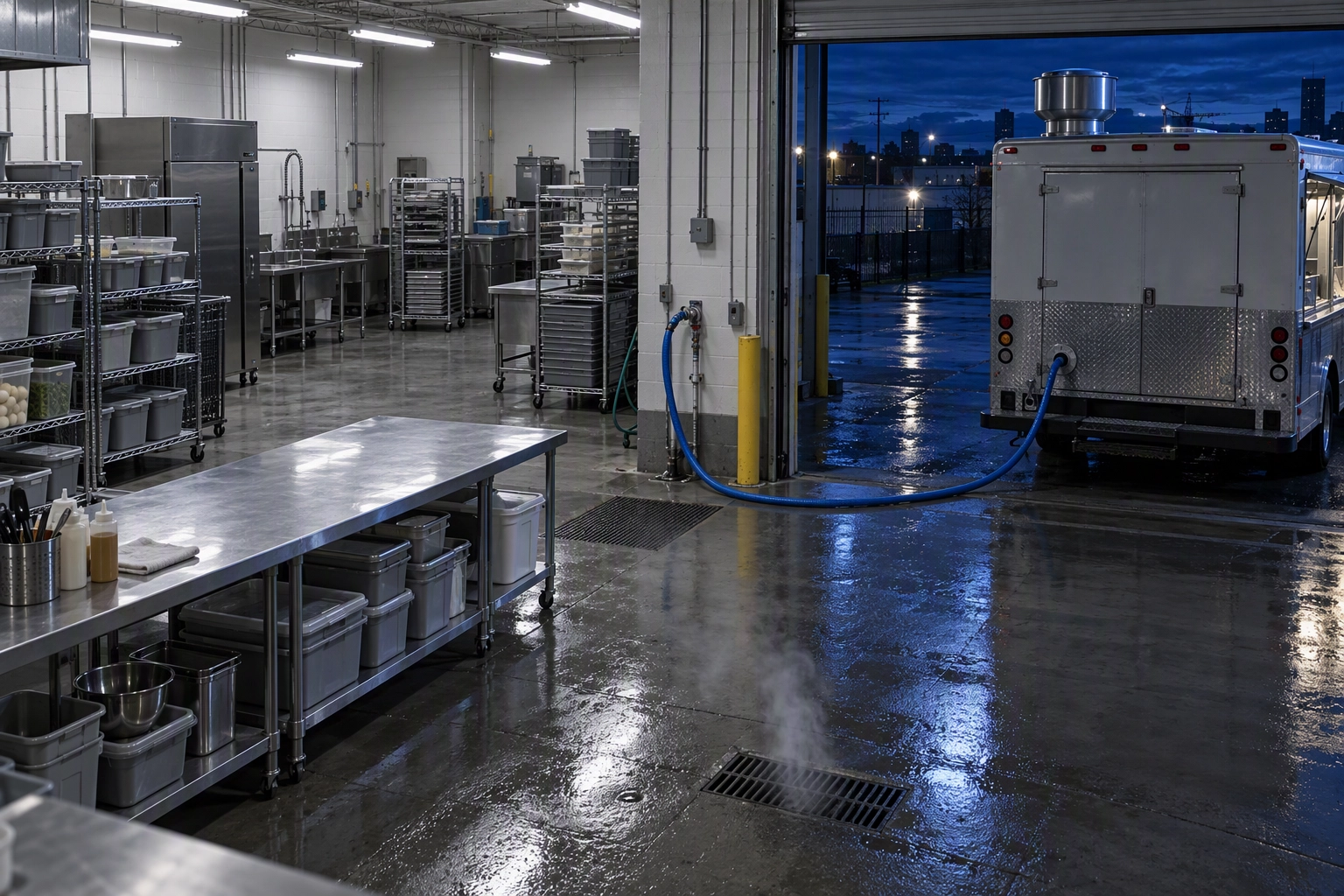 Food truck reversed into a shared commissary loading bay before dawn with a water hose running to its fresh tank, the $350 to $2,000 monthly cost