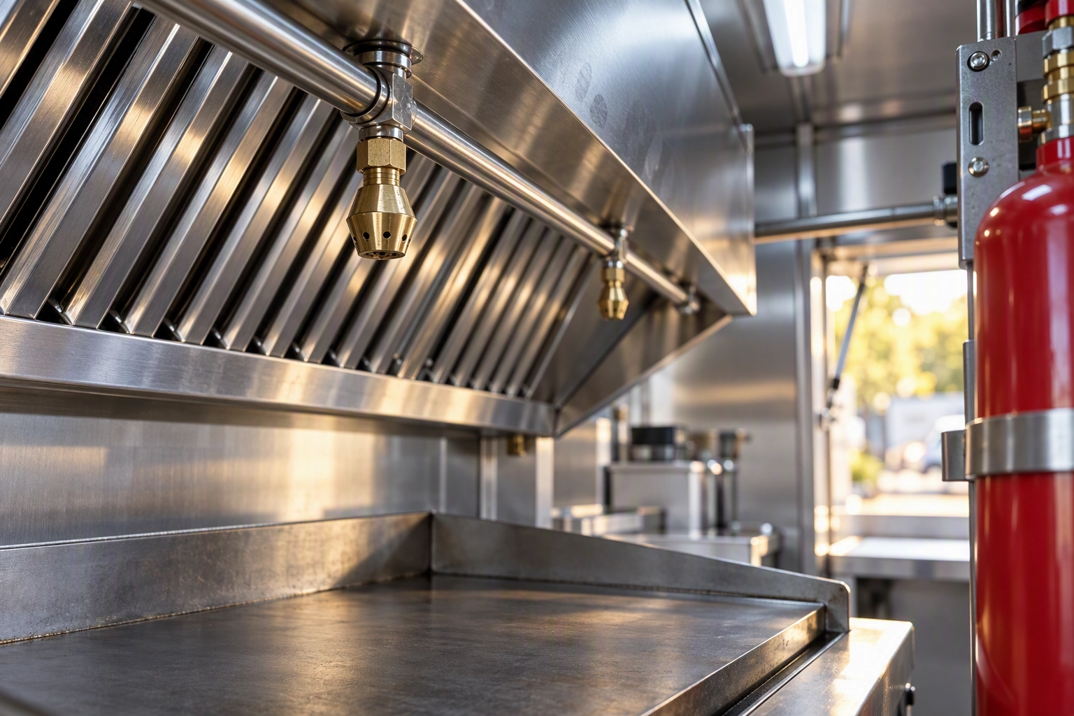 Macro of a brass fire suppression nozzle under a stainless Type I hood above a cold griddle, the food truck equipment line nobody can skip
