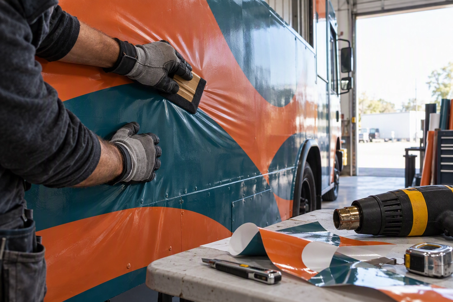 Wrap installer squeegeeing printed vinyl onto a food truck side panel in a daylit garage bay, the $3,500 to $8,500 branding line