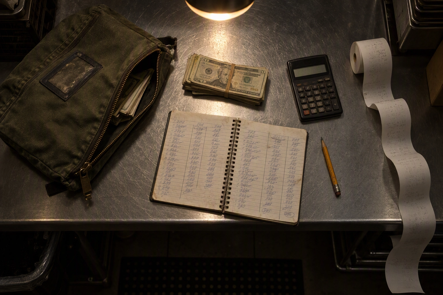 Closing-time flat-lay of a deposit bag, banded notes, receipt roll and calculator on a stainless prep counter, the working capital reserve a food truck budget needs
