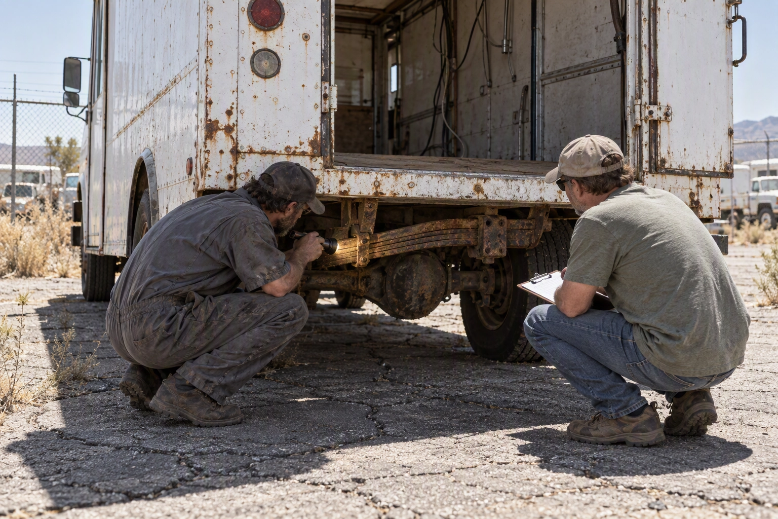 Buyer and mechanic torch-lighting the rusted rear axle of a used step van on a dealer lot before agreeing a used food truck price
