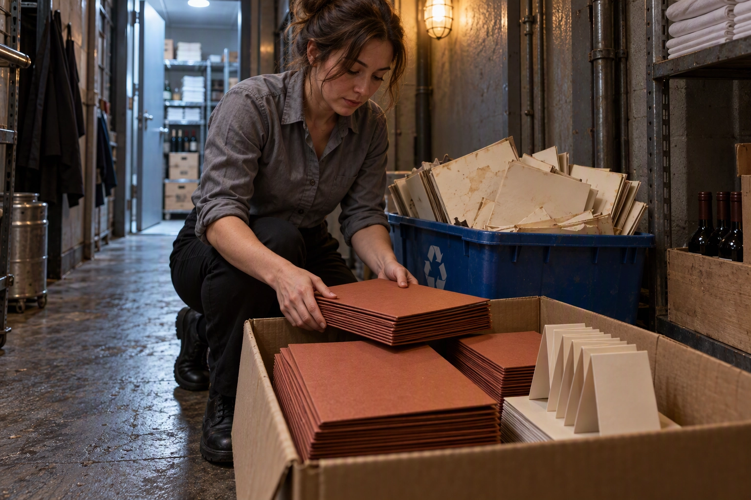 Manager boxing freshly reprinted menus and table tents while old menus fill a recycling crate, a hidden restaurant marketing cost