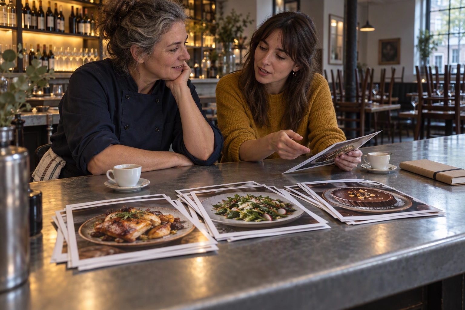 Restaurant owner and freelance marketer sorting printed dish photos into piles at a bar counter, planning a monthly marketing budget