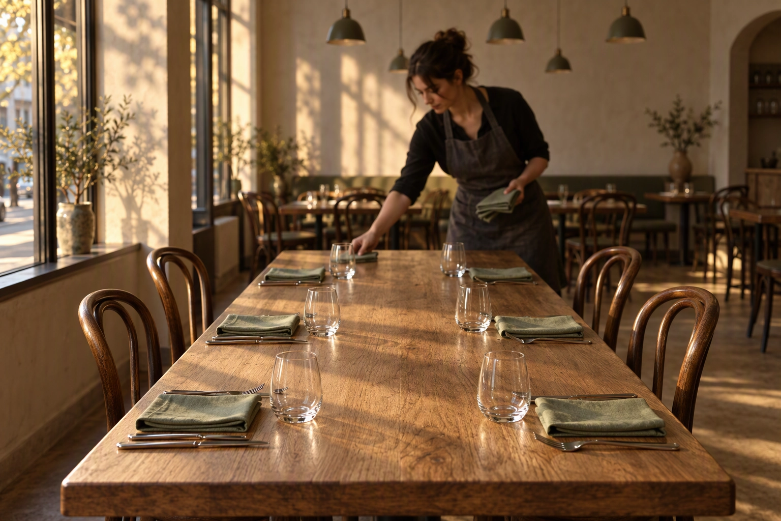 Server laying six extra place settings on a long oak table before dinner service, the daily covers a marketing budget must earn