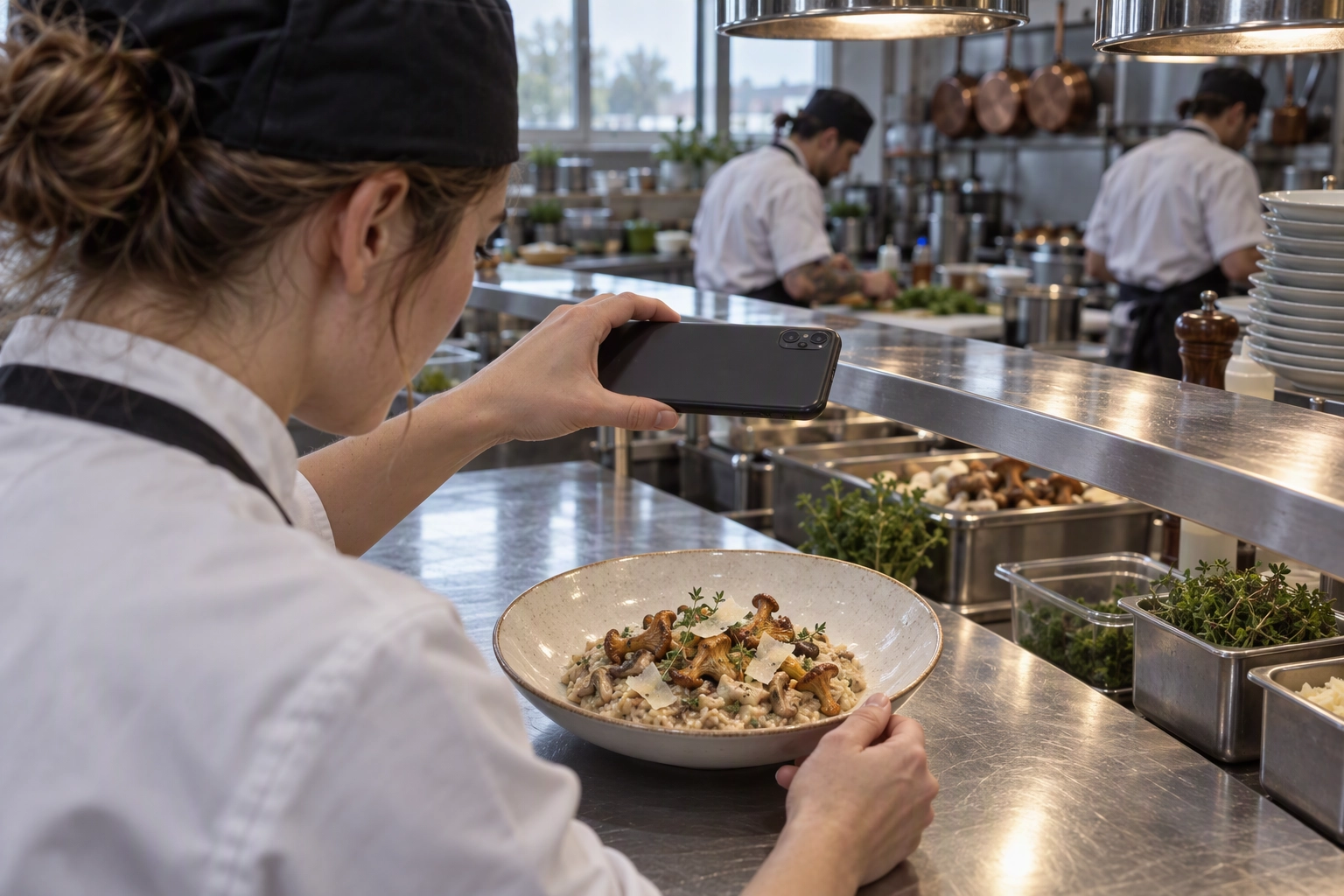 Sous chef photographing a plated mushroom risotto with a phone at the kitchen pass, the in-house content production route