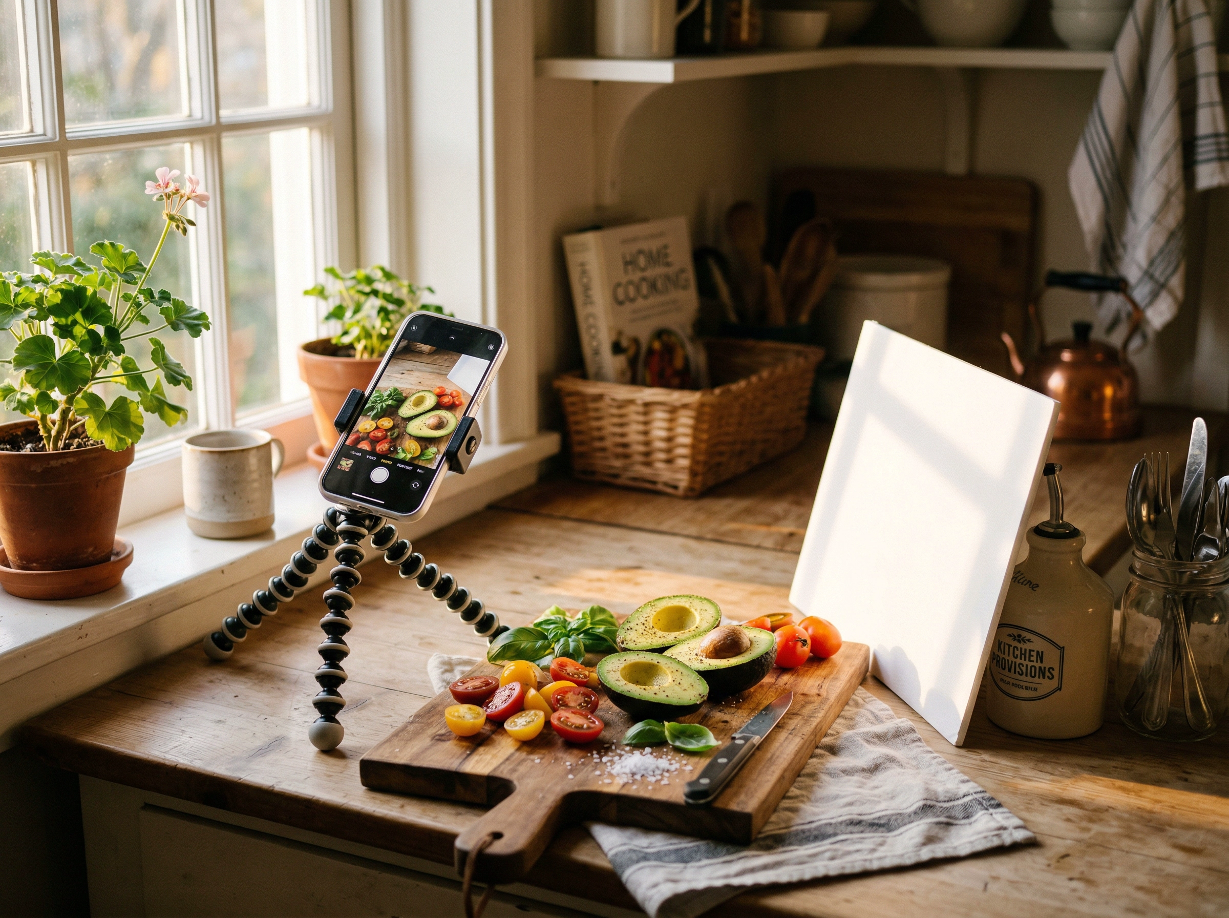 Beginner food photography setup with smartphone tripod, reflector, and fresh ingredients in natural window light