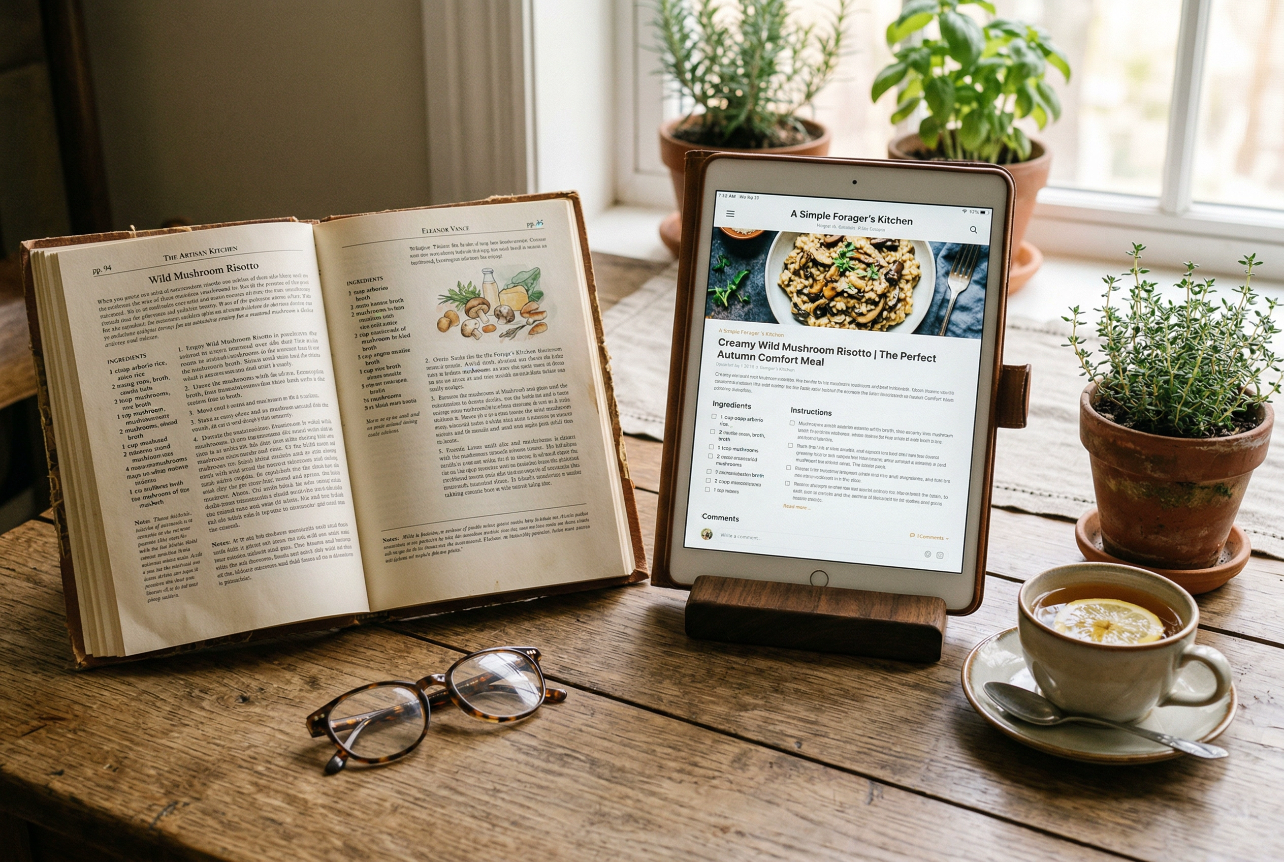 Open cookbook beside tablet showing food blog representing the evolution from print to digital food content creation